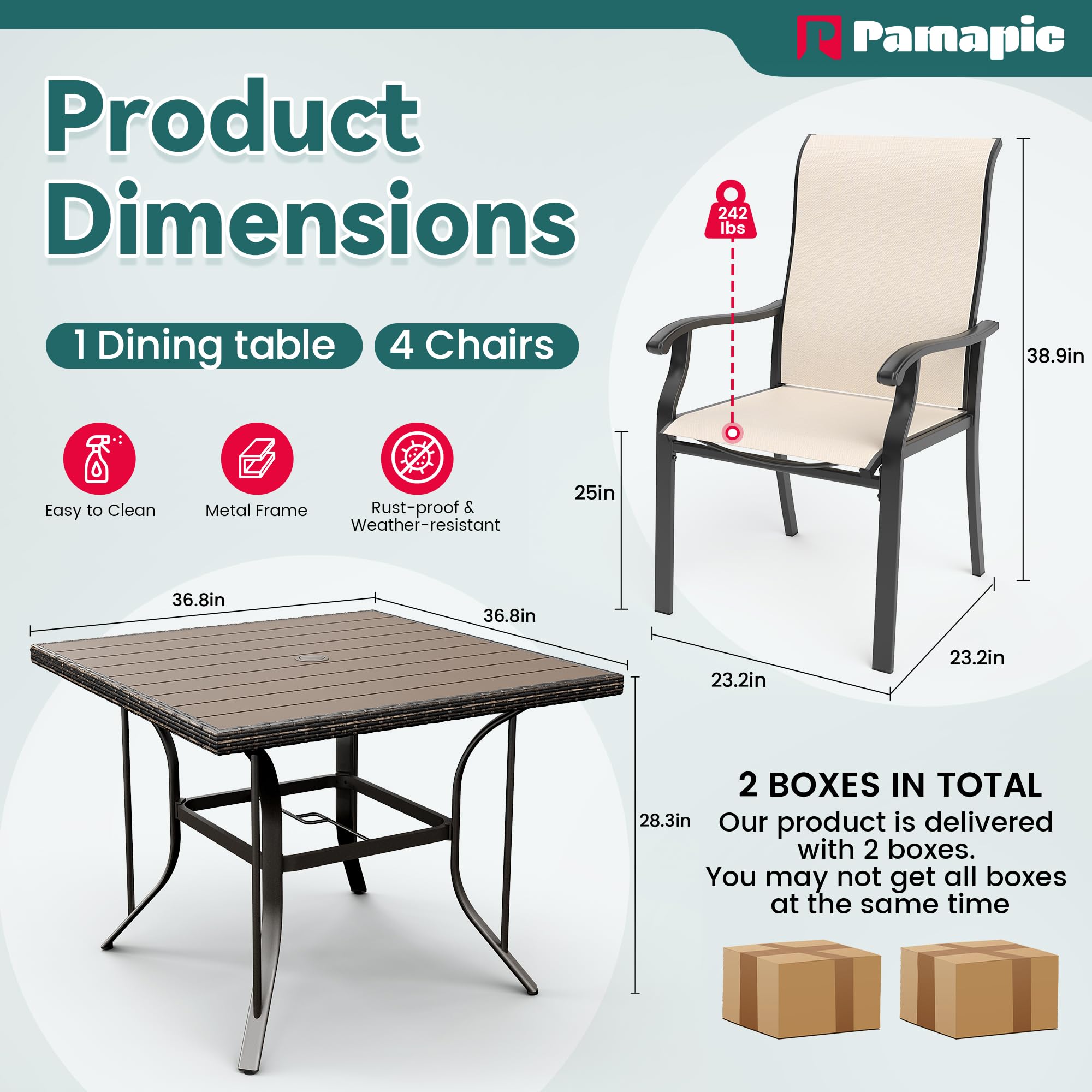 Pamapic 5-Piece Patio Dining Set - Outdoor Table and 4 Textilene Chairs for Garden, Backyard, Poolside & Deck - Durable Plastic-Wood Square Table Top in Beige - Perfect for Outdoor Entertaining, Family Gatherings & Relaxing by the Pool