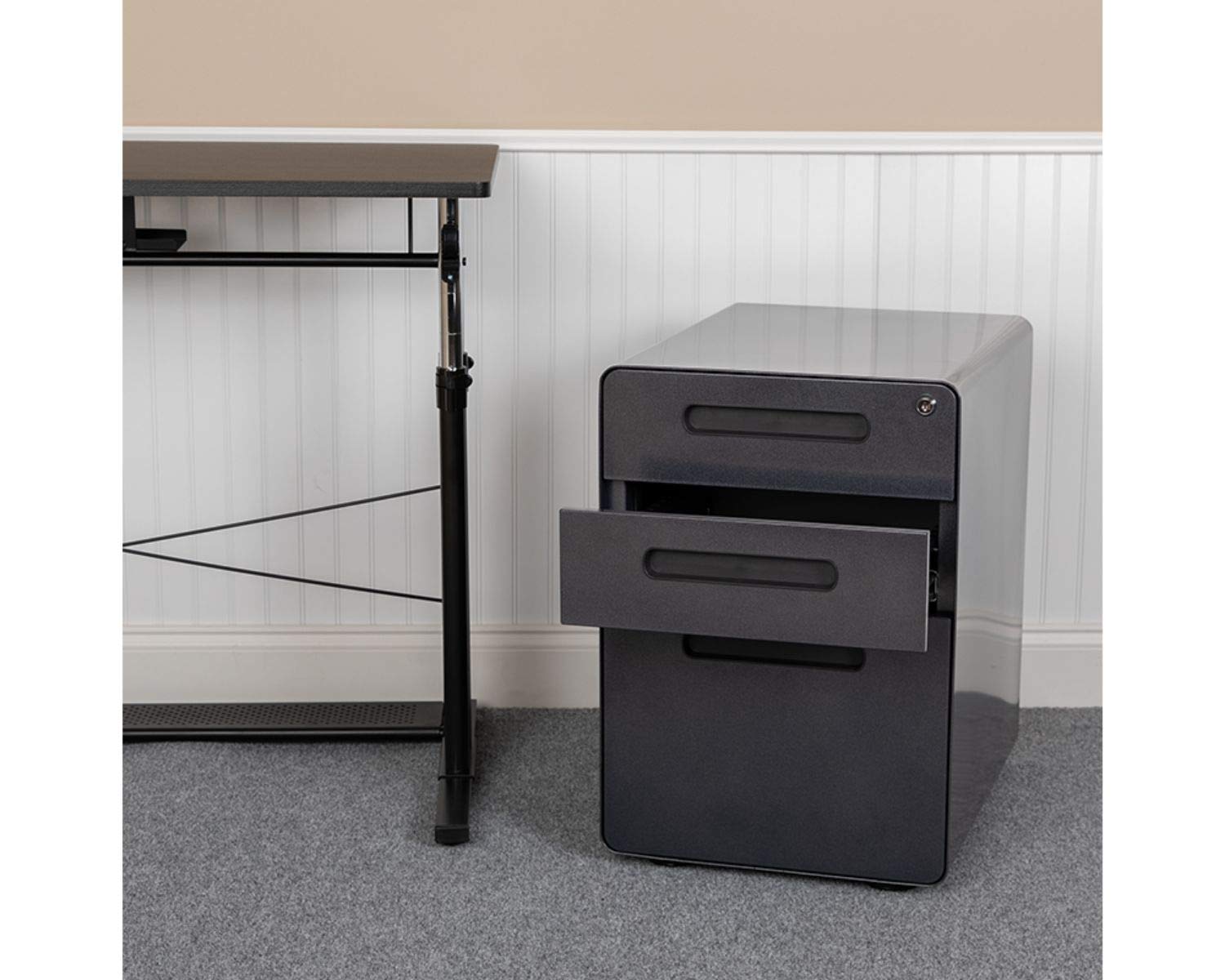 Flash Furniture Wren Ergonomic 3-Drawer Mobile Locking File Cabinet with Anti-Tilt Mechanism & Hanging Drawer - Legal & Letter Size File Storage - Ideal for Office, Home Office, and Workspace Organization (Black)