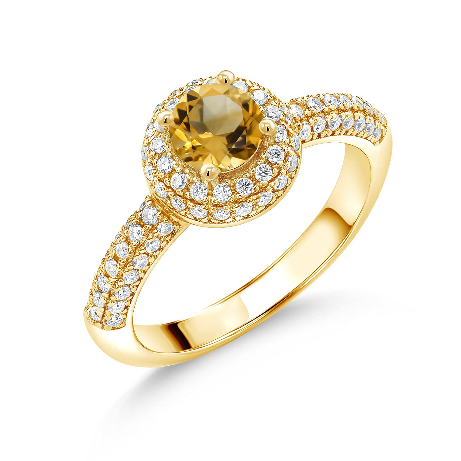 18K Yellow Gold Plated Silver Ring with Round Yellow Citrine & Moissanite Gemstones (1.29 Cttw) - Elegant Jewelry for Weddings, Anniversaries & Special Occasions