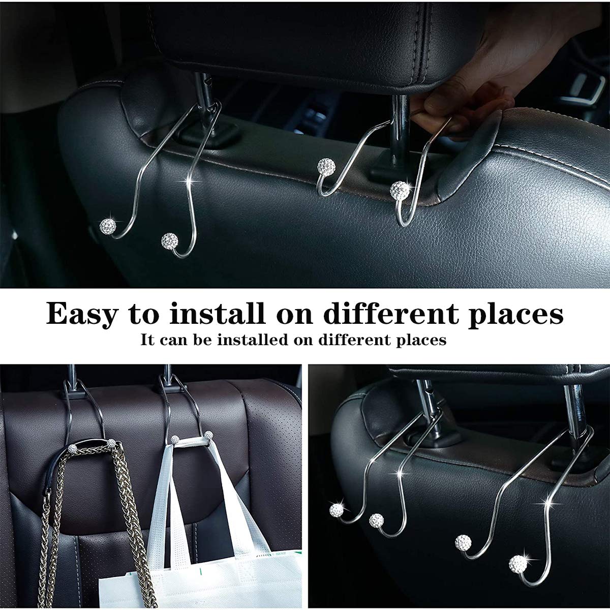 Bling Car Seat Hooks - Rhinestone Universal Headrest Hangers for Purses, Bags & Organizers | Durable Auto Backseat Storage Hooks (Black) | Perfect for Road Trips, Shopping & Daily Commute