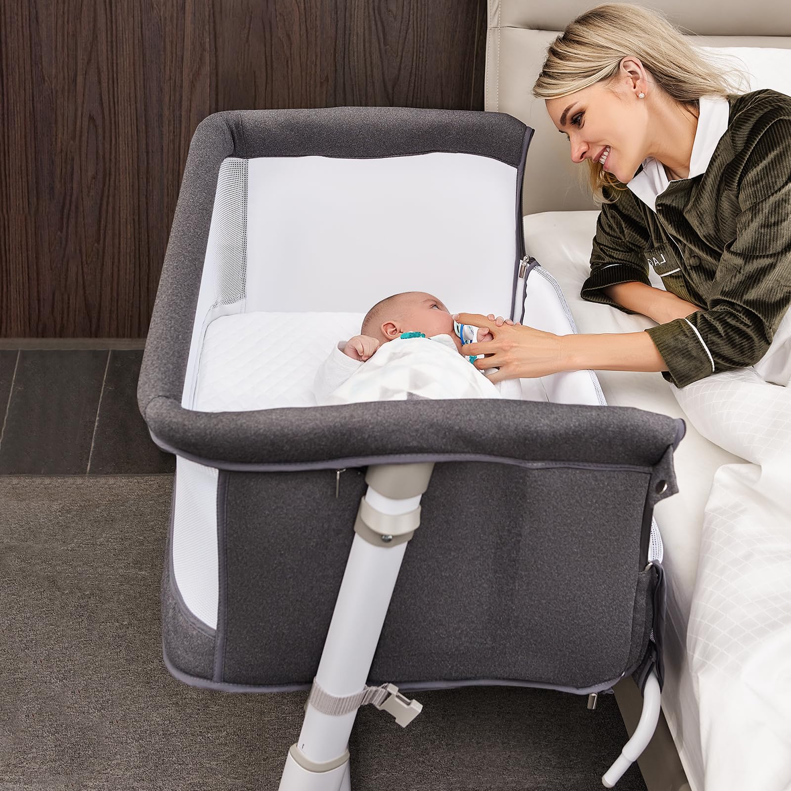 RONBEI Adjustable Portable Baby Bassinet & Bedside Sleeper - Dark Grey Crib Bed for Newborn, Infant, Baby Boy & Girl - Perfect for Nursery, Travel & Co-Sleeping