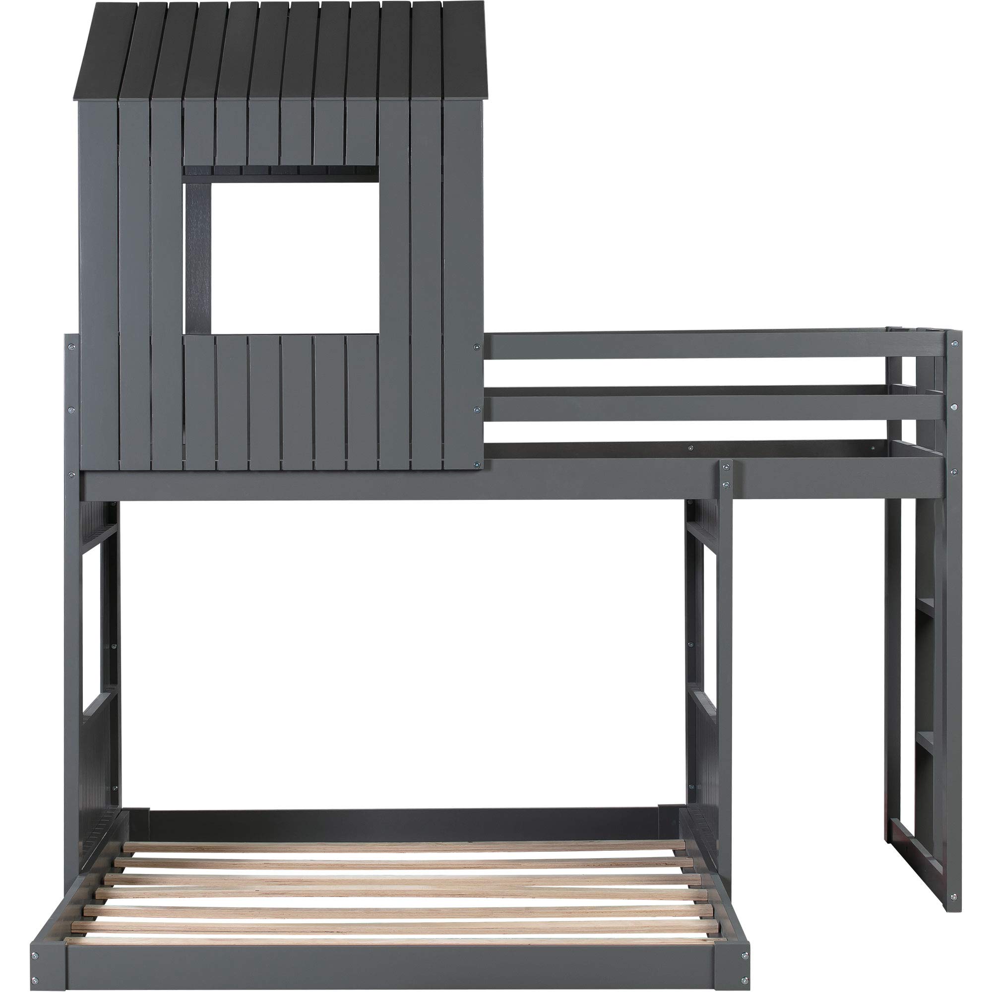 Twin Over Full Bunk Bed with Playhouse - Solid Wood Loft Bed for Kids with Ladder & Safety Guardrails - Space-Saving Farmhouse Design for Boys & Girls Bedroom (Gray) - Perfect for Small Rooms, Shared Kids' Spaces & Sleepovers