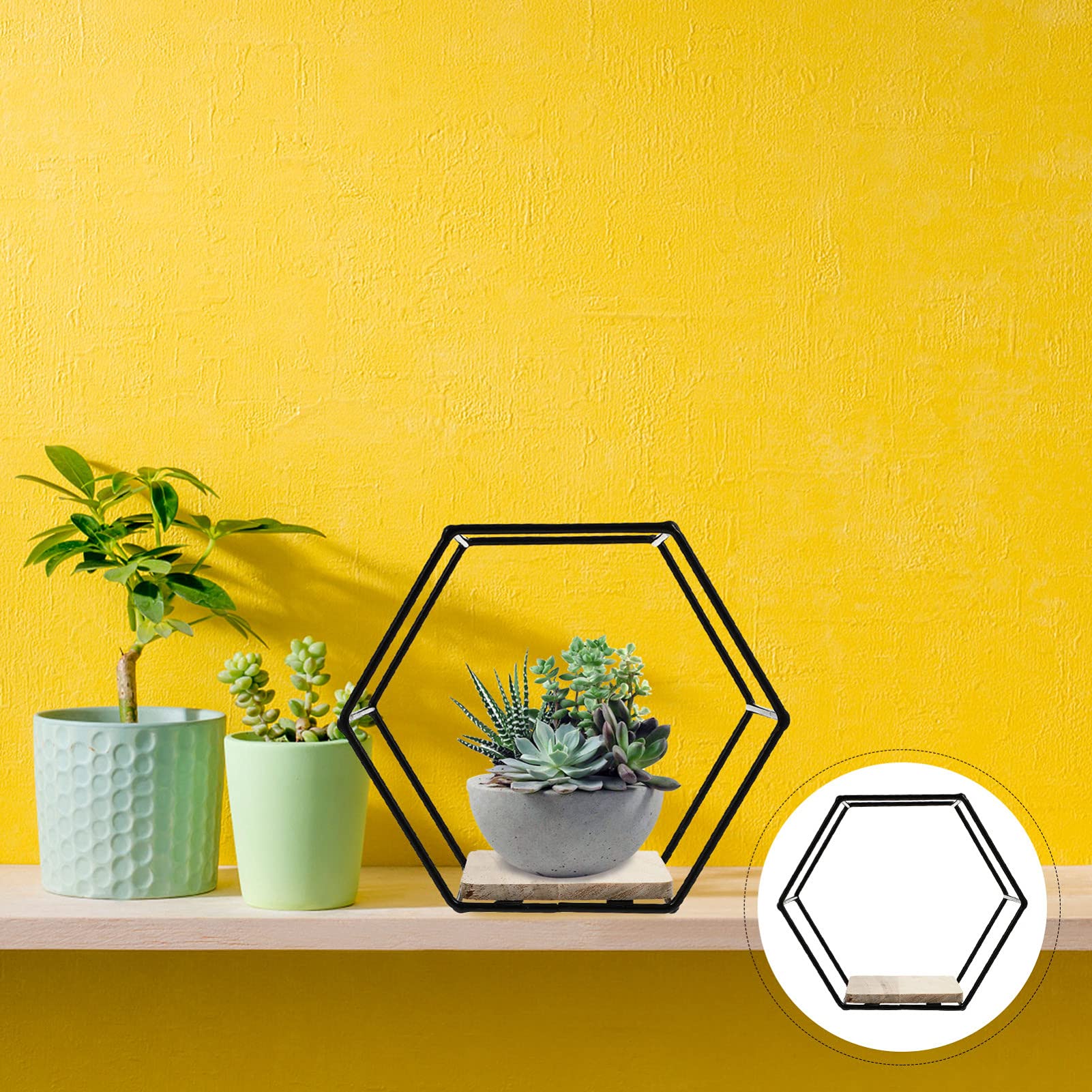 Hexagon Floating Shelf - Metal Frame Wall Mount Display Shelf for Storage & Organization | Rustic Geometric Shelf for Books, Plants, Sundries | Perfect for Living Room, Bedroom, Bathroom Decor
