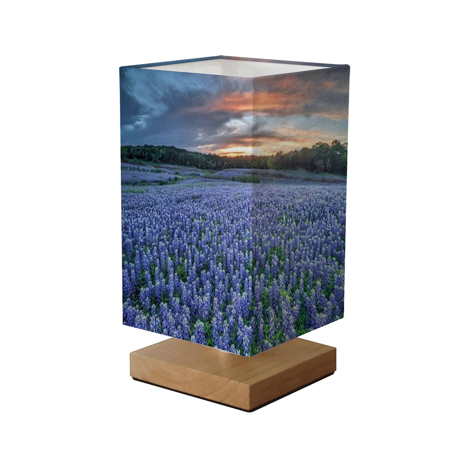 KQOQZDLUAT Adjustable Wooden Base Table Lamp with Bluebonnets TX Square Linen Fabric Shade - Perfect for Bedroom Nightstand & Living Room Accent Lighting
