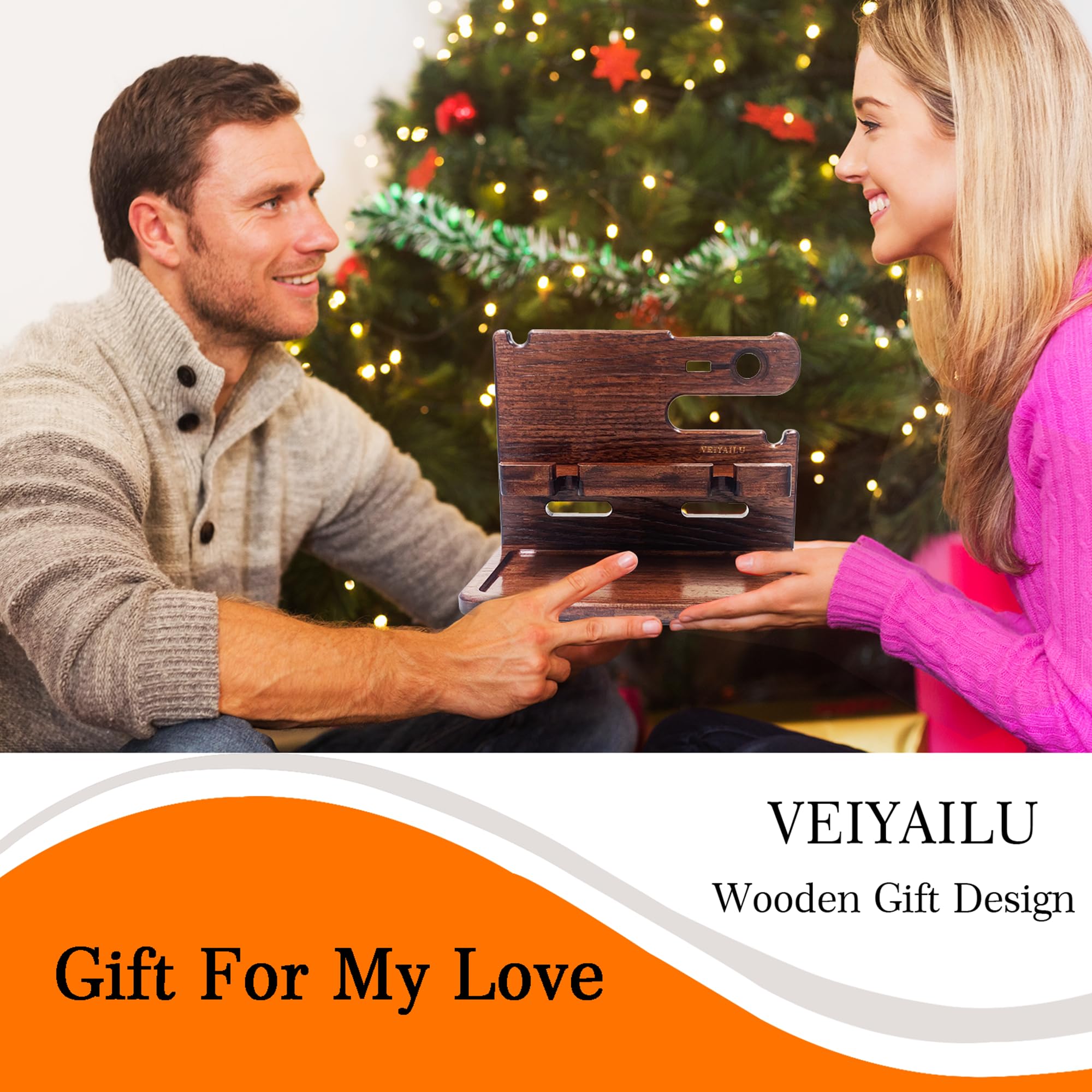 Wooden Phone Docking Station & Nightstand Organizer - Perfect Gift for Men, Women, Dad, Husband, Boyfriend | Birthday, Anniversary, Christmas Present (Dark Brown) | Bedside Storage for Phone, Watch, Wallet & Keys