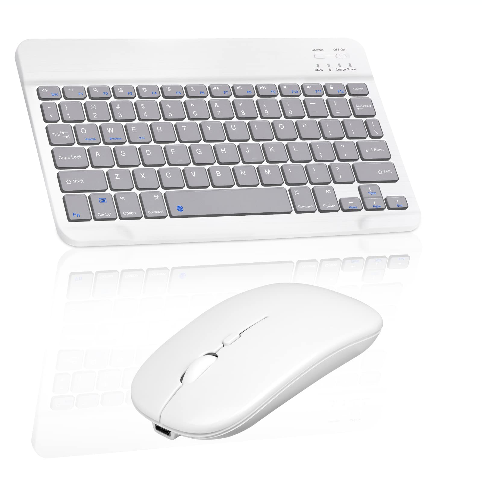 Rechargeable Bluetooth Keyboard and Mouse Combo - Ultra Slim Full-Size Wireless Keyboard & Ergonomic Mouse for Honor Tablet V7, Mac, iPad, PC, Laptop (Stone Grey with White Mouse) - Perfect for Office Work, Home Use, and Remote Learning