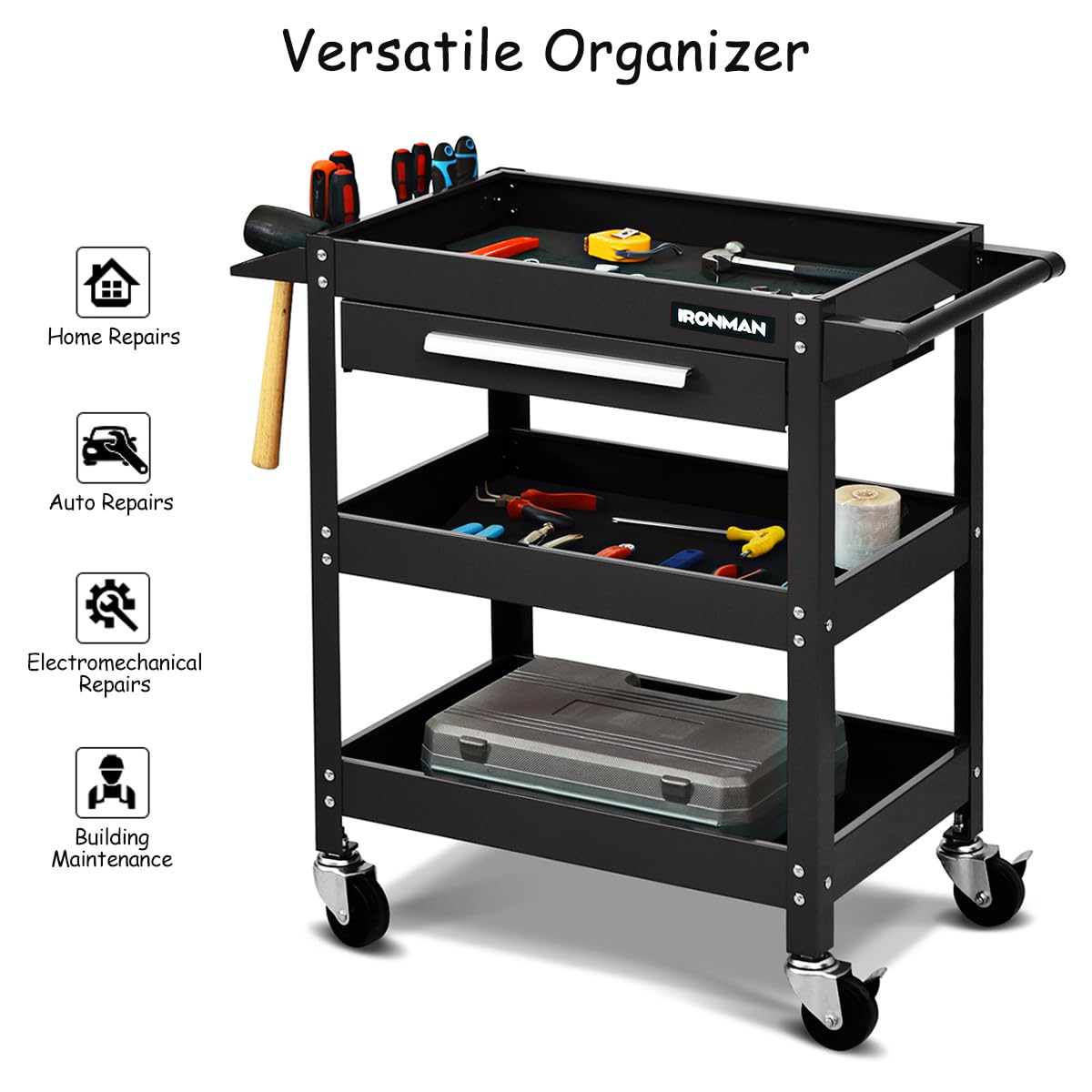 IronMax 3-Tier Heavy Duty Rolling Tool Chest with Drawers - Industrial Utility Service Cart, 330 lbs Capacity Tool Box Organizer for Garage, Workshop, Warehouse & Auto Repair Shop - Perfect for Mechanics, DIY Enthusiasts & Professional Technicians