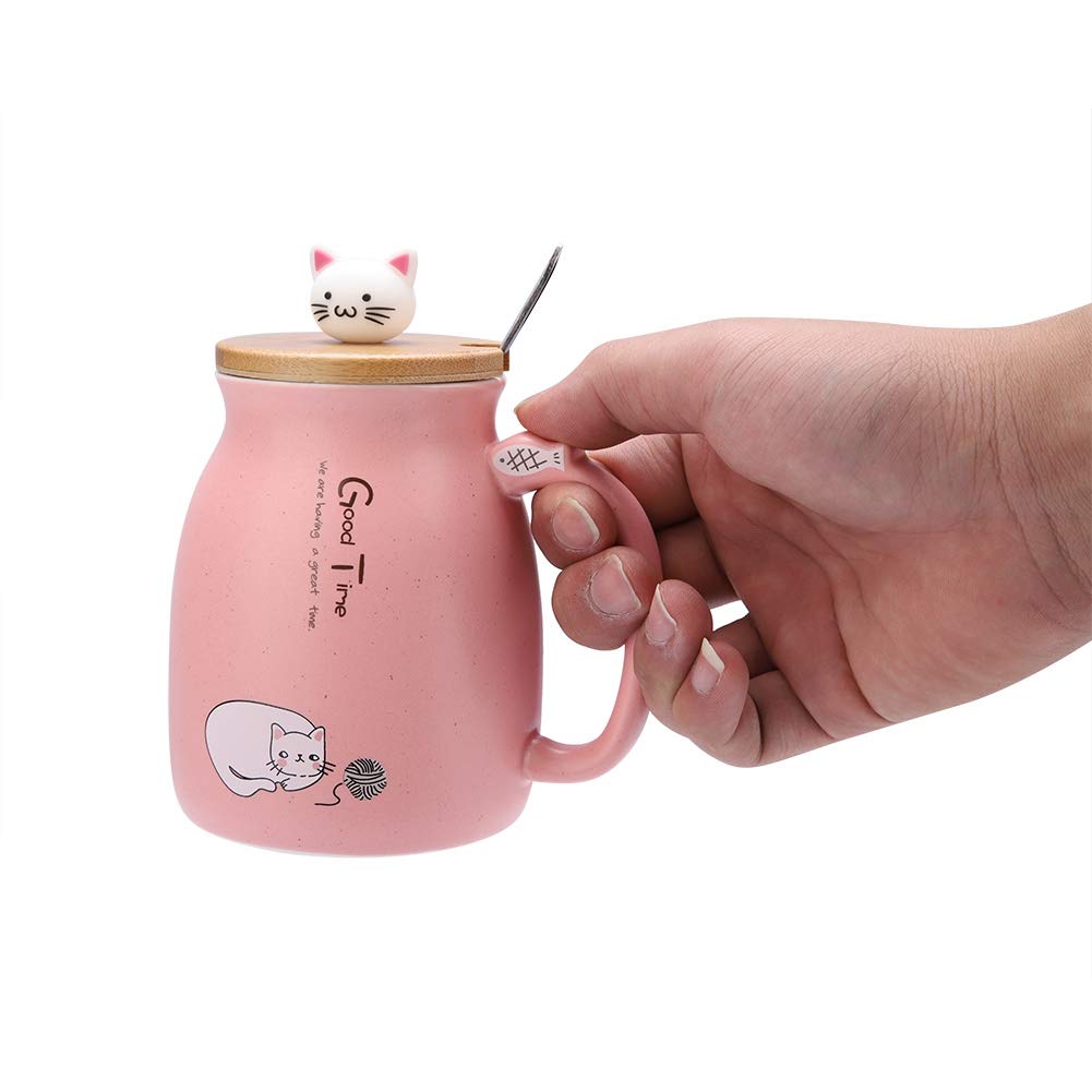 GLOGLOW Ceramic Coffee Mug with Lid and Spoon - Cute Cat Design for Tea, Milk, Beer - Perfect for Home, Office, Gift Giving (Pink) | Ideal for Morning Coffee, Afternoon Tea, or Relaxing with a Drink