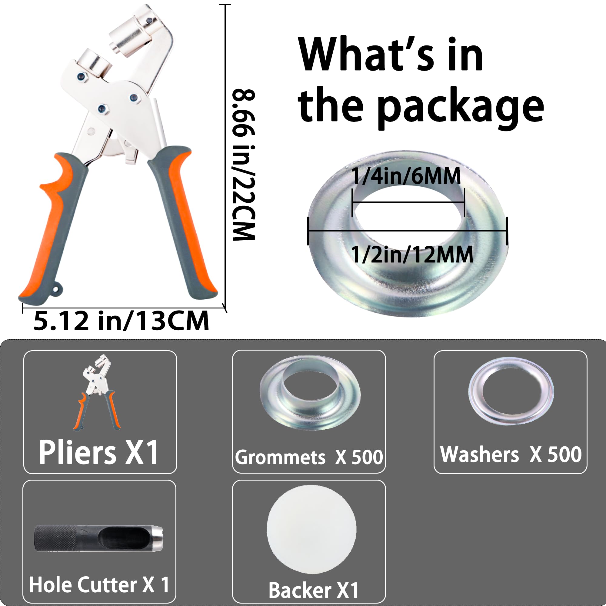 Heavy Duty Grommet Tool Kit - 500pcs 1/4 Inch (6mm) Eyelets with Press Tool for Tarp, Fabric, Banner, Canvas, Leather, Tent & Vinyl - Perfect for DIY Projects, Camping Gear Repair & Crafting