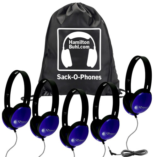 HamiltonBuhl Sack O Phones Primo Headphones 5 Pack - Durable Classroom Headphones for Kids (Red, Blue, Green) - Perfect for Schools, Libraries & Learning Centers