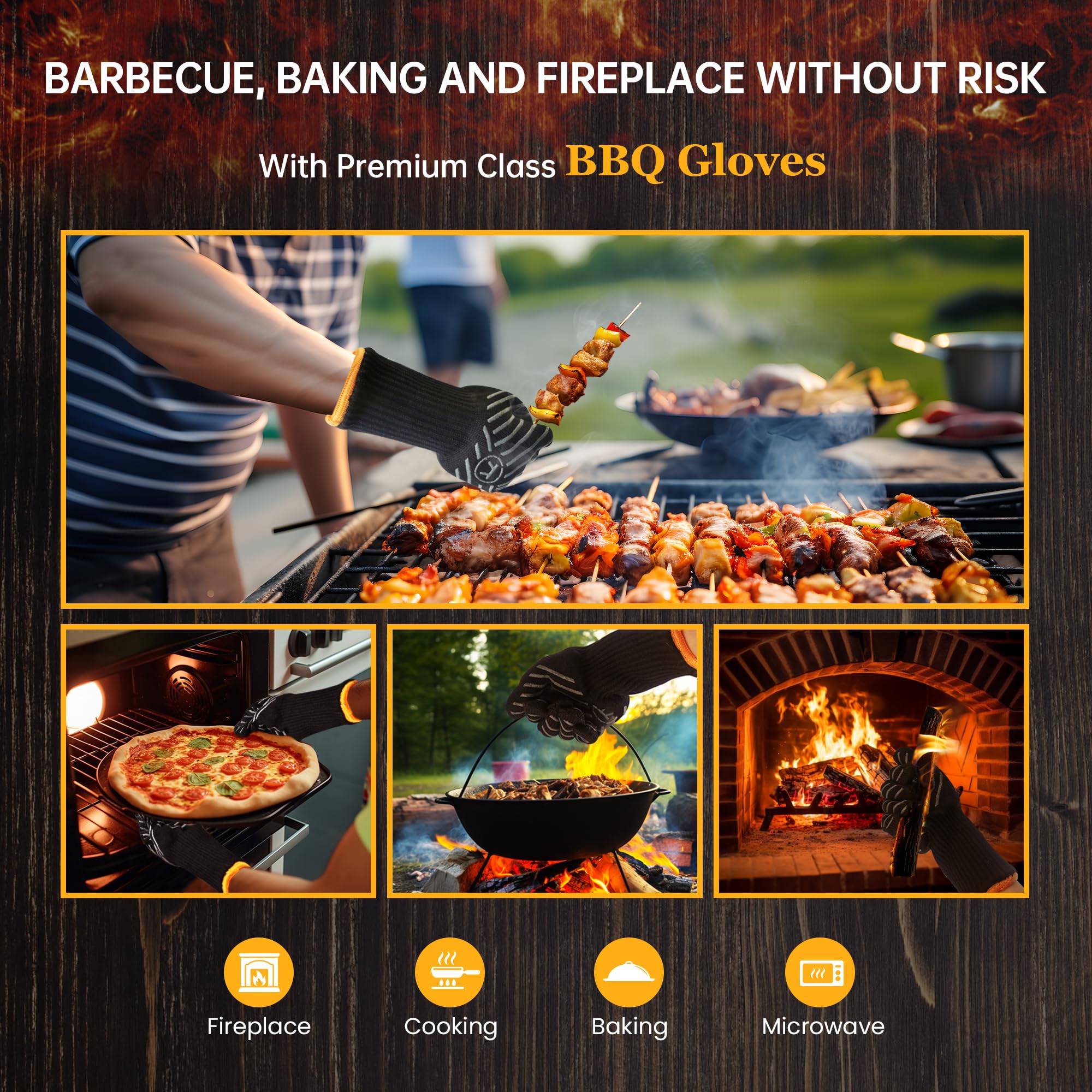 Heat Resistant BBQ Gloves for Grilling & Cooking - 1472℉ Oven Mitts with Silicone Grip & Aramid Cotton Lining - Long Cuff Protective Gloves for Chefs, Baking, Outdoor BBQ & Kitchen Use - Perfect for Camping, Backyard Parties & Professional Kitchens (Black, Large)