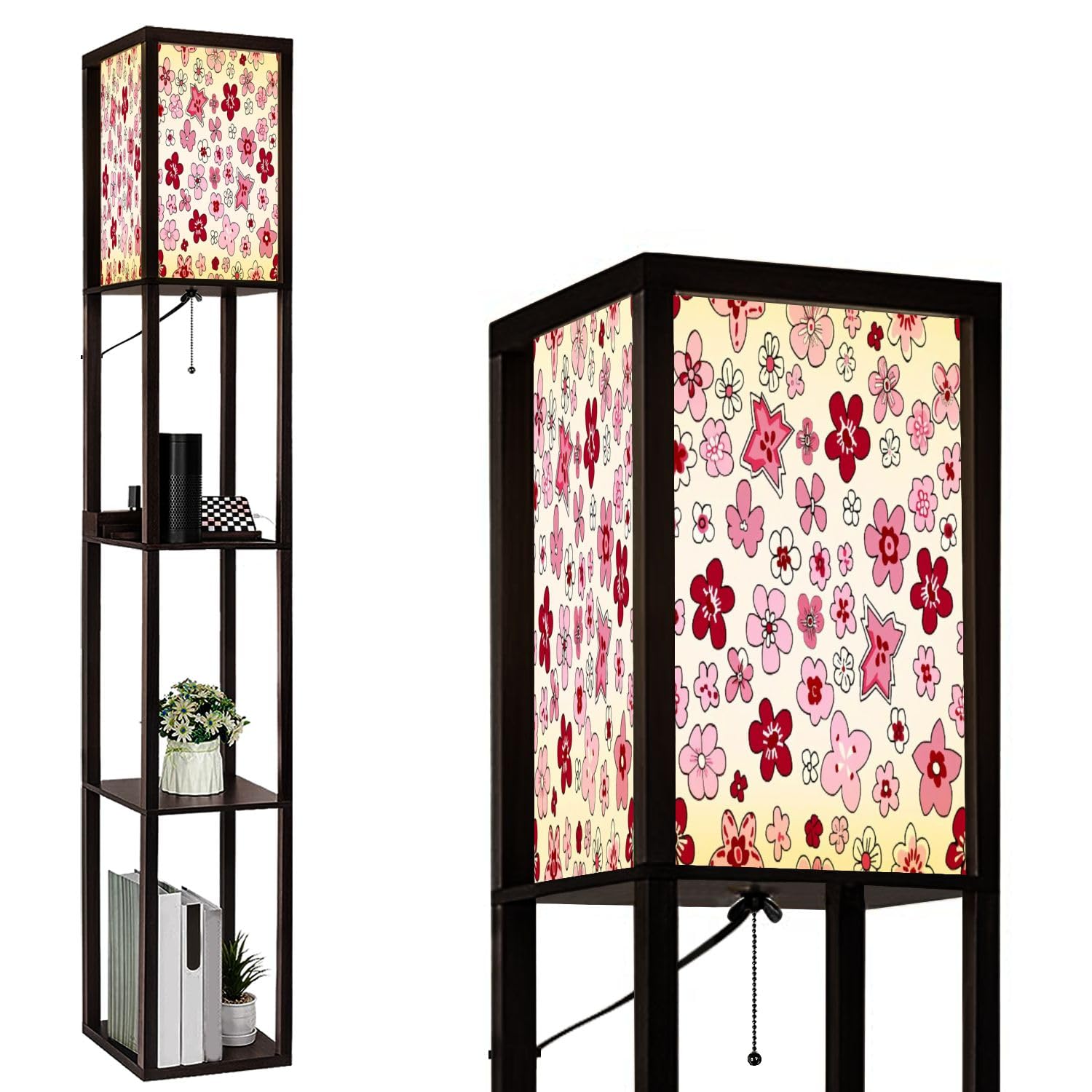 Groovy Retro Floor Lamp with Shelves - USB Ports & Power Outlet, Valentine's Day Love Hearts Seamless Pattern - Modern Standing Tall Corner Lamp for Living Room, Bedroom & Nightstand Lighting | Perfect for Reading, Relaxing & Home Decor
