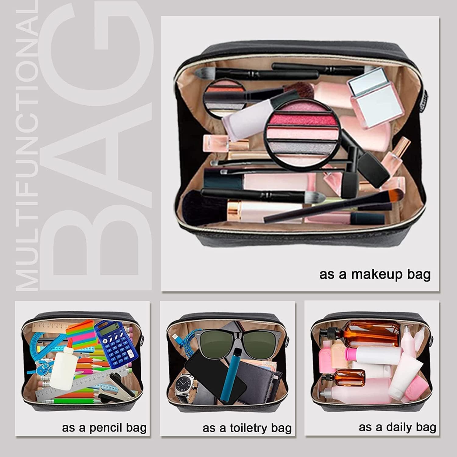 VHOI Large Capacity Leather Makeup Bag - Waterproof Travel Cosmetic Organizer with Handle & Divider, Spacious Wide Opening Toiletry Bag for Women & Girls (Black) - Perfect for Air Travel, Gym, Weekend Getaways & Daily Beauty Essentials