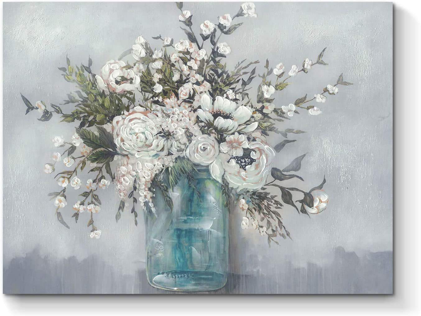 Watercolor White Flowers in Mason Jar Canvas Wall Art - 28x40 Inch Floral Painting for Farmhouse, Bathroom & Kitchen Decor - Rustic Blossom Bouquet Prints Perfect for Dining Room & Living Room Wall Decor