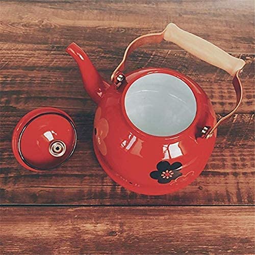 Stainless Steel Whistling Tea Kettle 2.5L - Enamel Stovetop Teapot with Wooden Handle & Floral Pattern (Red) - Perfect for Home, Kitchen, Office & Tea Lovers