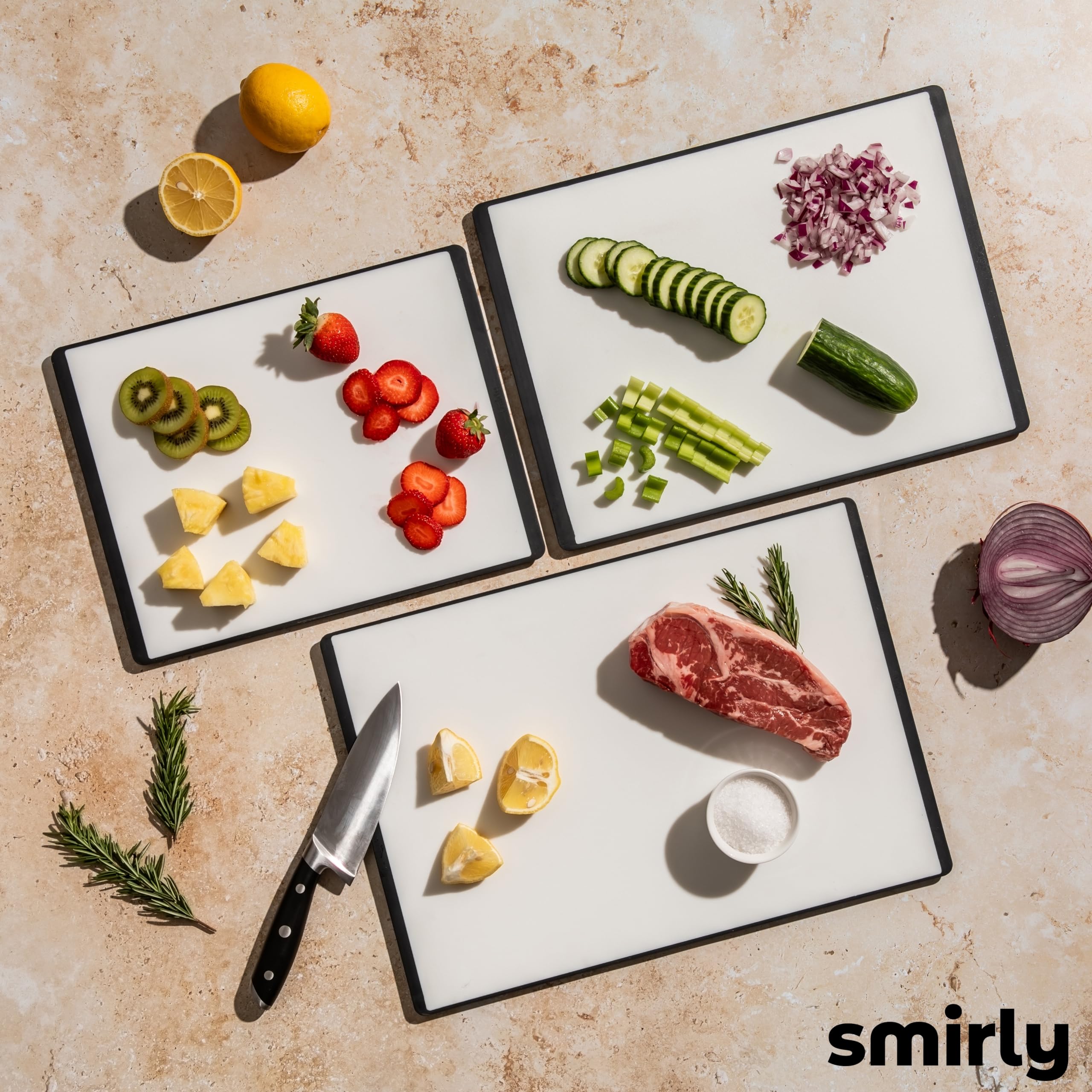 SMIRLY Dishwasher Safe Plastic Cutting Board Set with Holder - Durable Kitchen Chopping Boards for Meat, Vegetables, and Fruits - Perfect for Meal Prep and Cooking