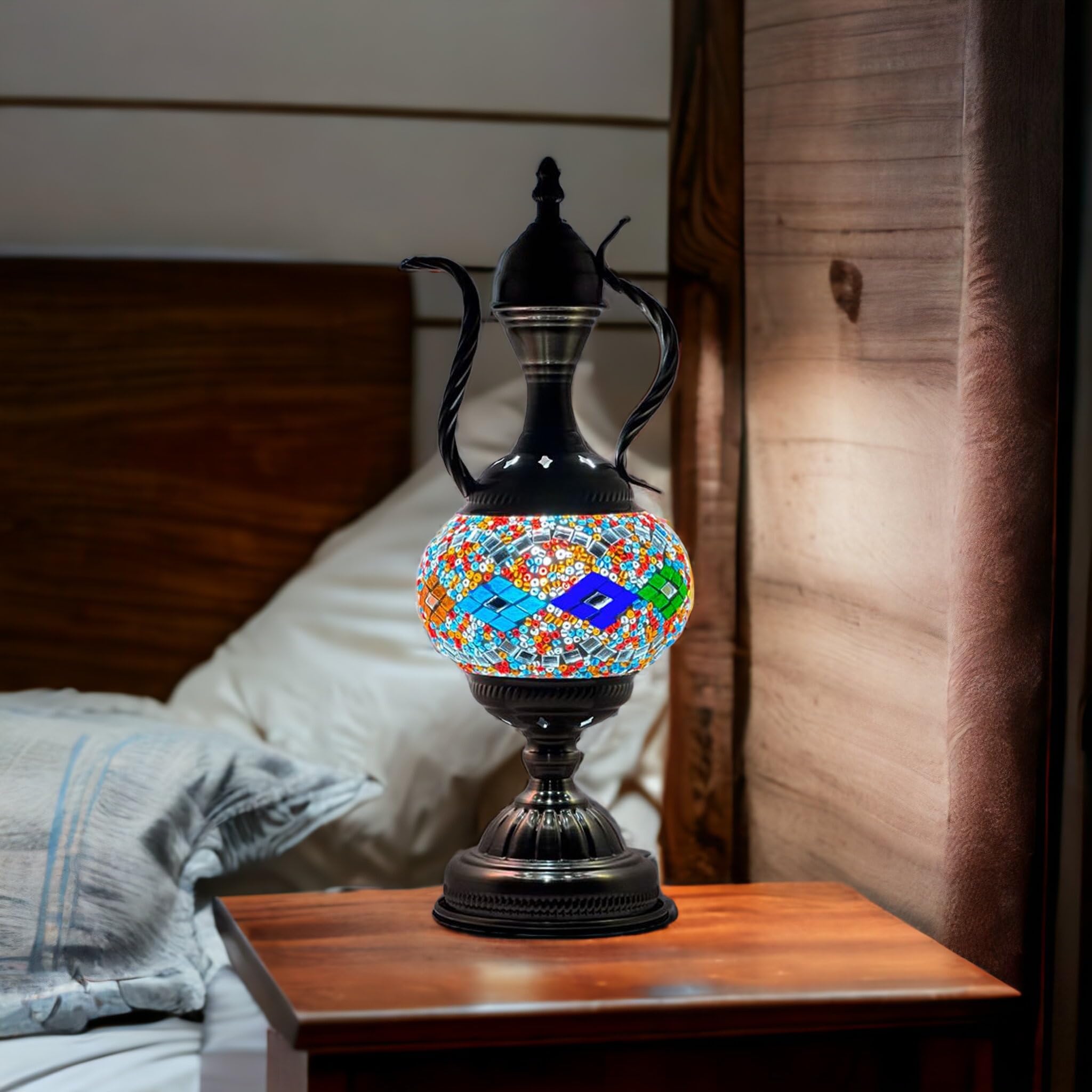 Silverfever Mosaic Turkish Teapot Lamp with Moroccan Glass & Bronze Base - E12 Bulb Included - Perfect for Table, Desk, Bedside & Boho Home Decor (Wave Natural Pattern)