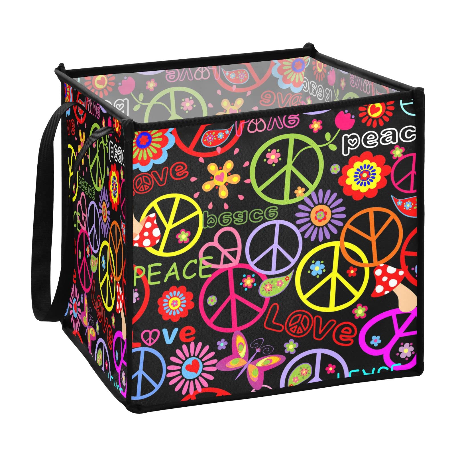 Colorful Peace Sign Collapsible Storage Bins - 10.6x10.6x10.6 Inch Foldable Fabric Cube Organizer with Handles for Kids Room, Nursery, Closet & Toy Storage - Perfect for Organizing Toys, Books & Baby Essentials
