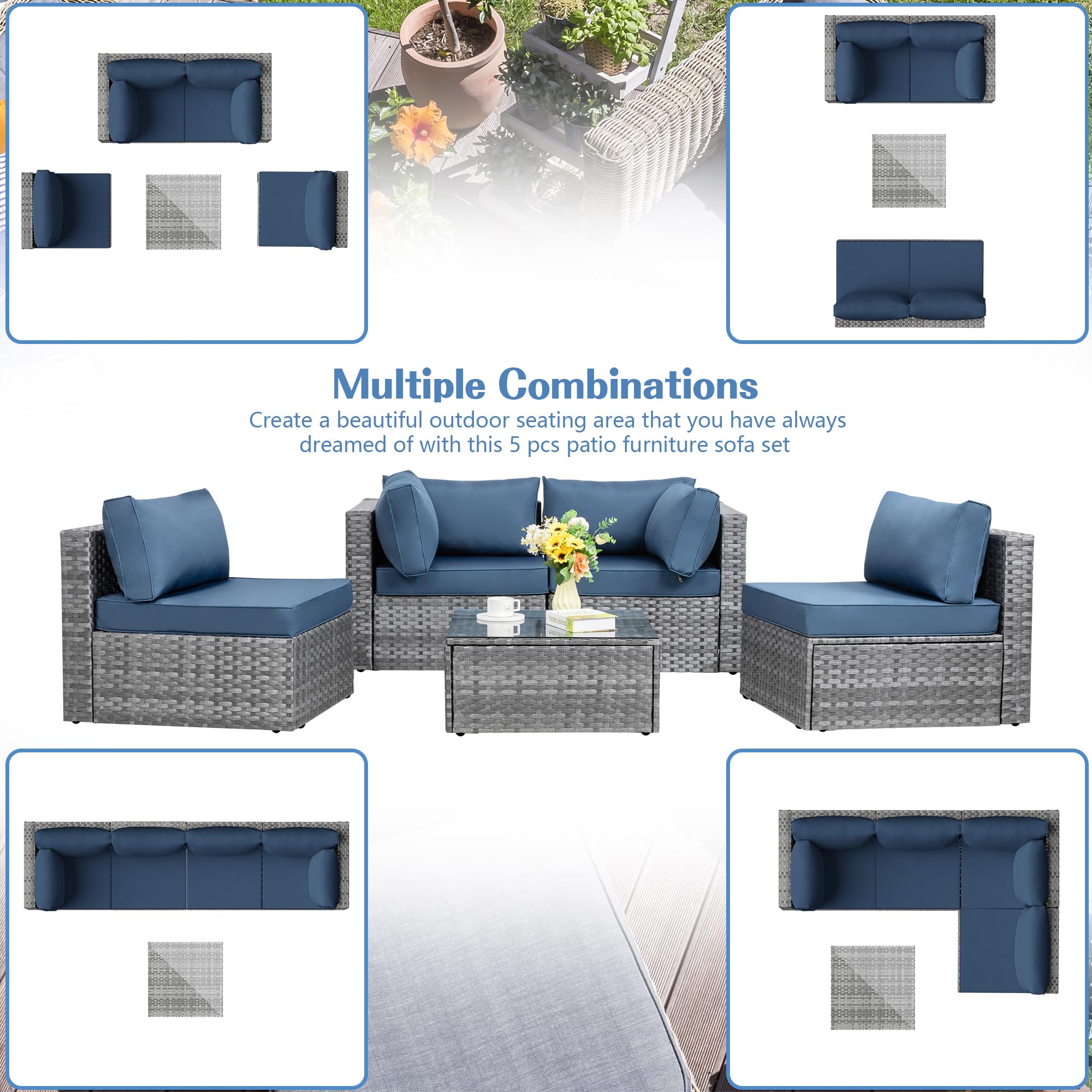 Shintenchi 5-Piece Outdoor Patio Sectional Sofa Set with Washable Cushions & Glass Coffee Table - PE Wicker Furniture in Aegean Blue for Garden, Poolside, Backyard | Perfect for Outdoor Entertaining, Relaxation & Lounging