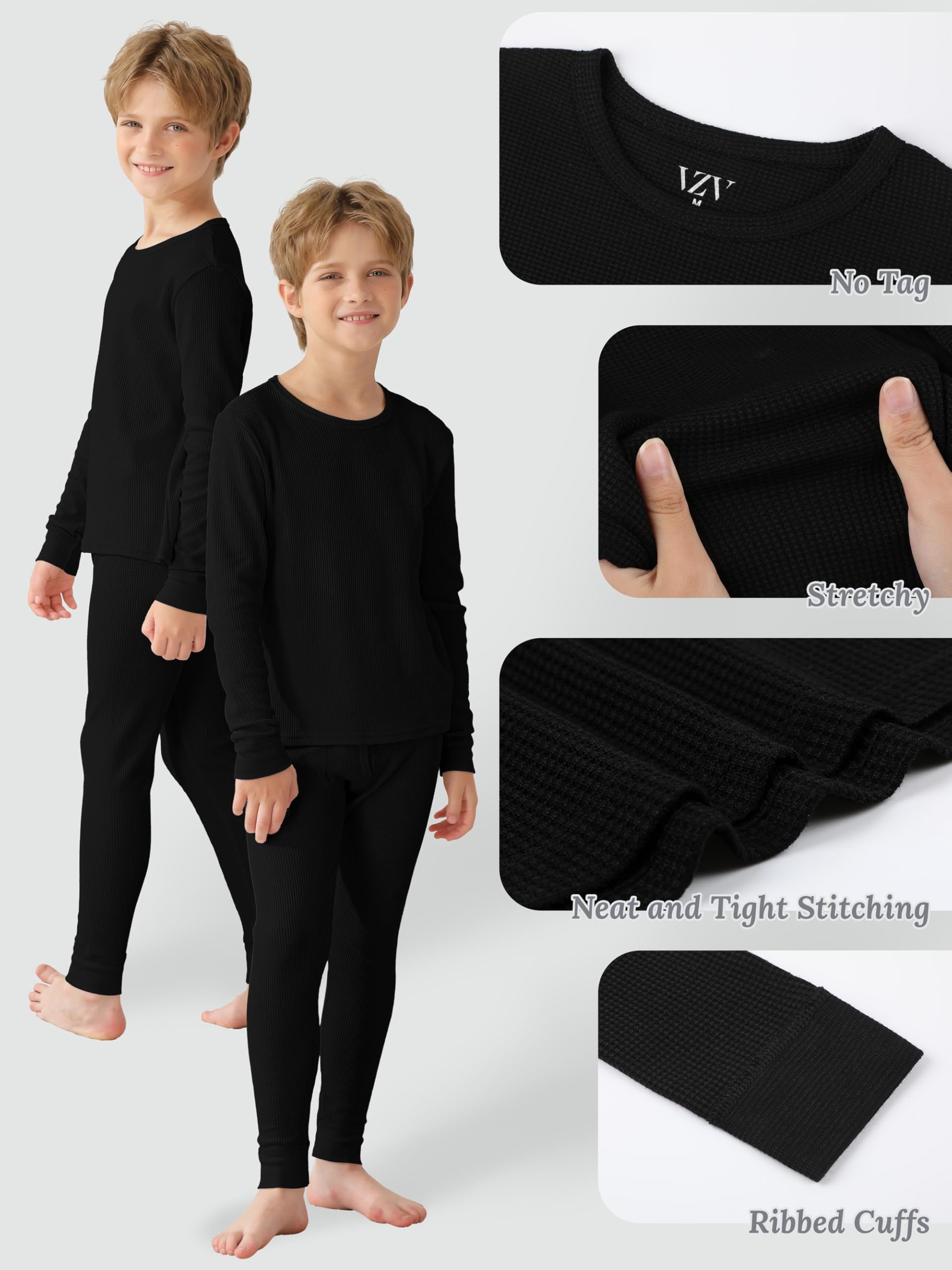 VZV 2-Pack Kids Thermal Underwear Set - Boys Long Sleeve Waffle Knit Base Layer Top & Bottom for Cold Weather - Winter Sports, Skiing, Snowboarding & Outdoor Activities