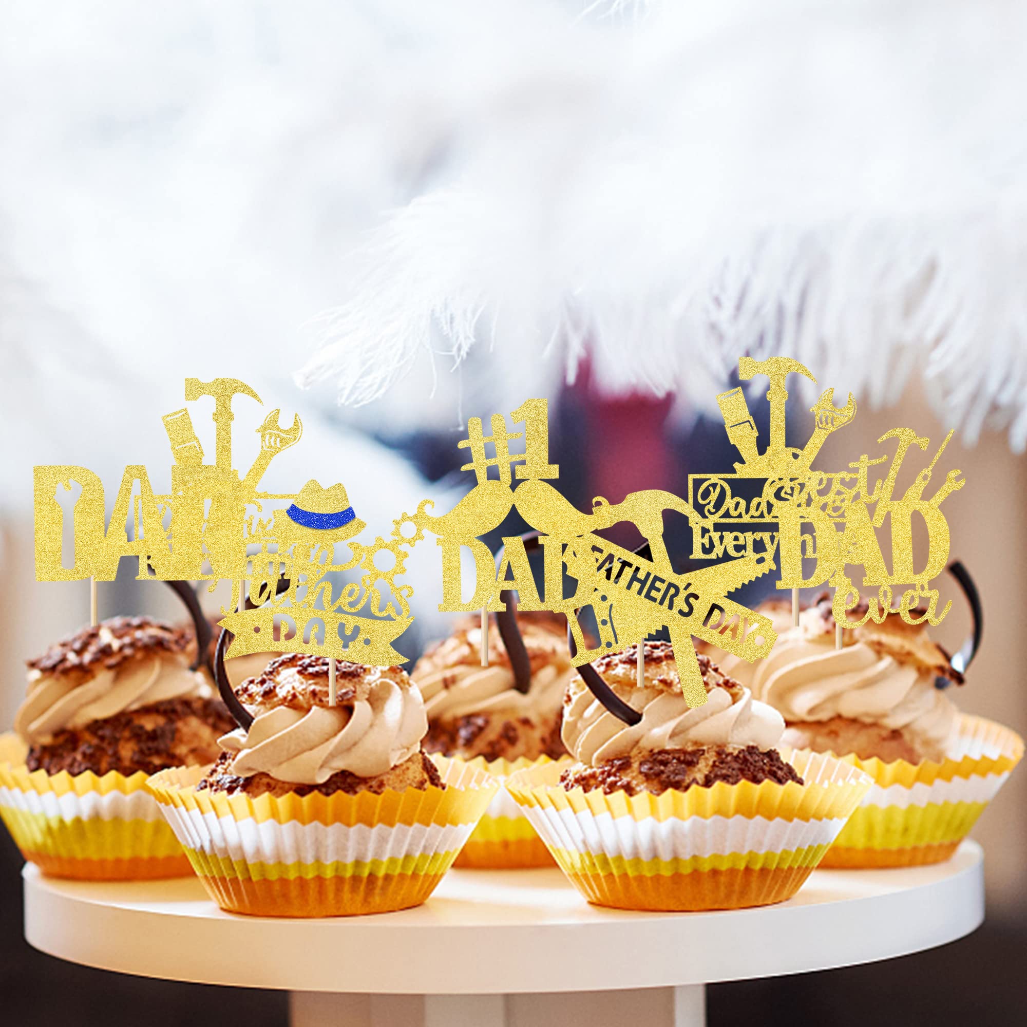 24 Pack Happy Father's Day Cupcake Toppers - Glitter Best Dad Ever Cake Decorations with #1 Dad, Tie, Mustache & Hat Designs - Gold Party Supplies for Father's Day Celebrations, Men's Birthday Parties & DIY Cake Decorating