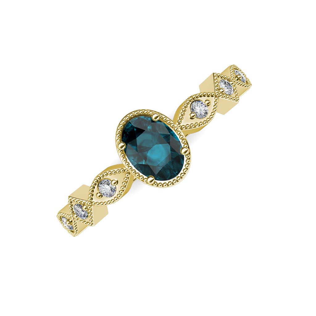 14K Gold Oval Cut London Blue Topaz & Natural Diamond Women's Engagement Ring - 1 ctw Marquise Square Milgrain Design for Weddings, Anniversaries & Special Occasions