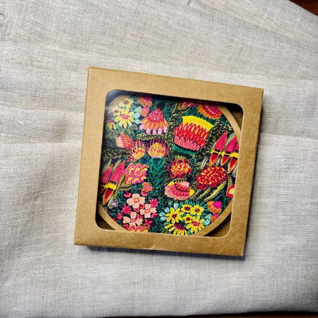 Grevillea Garden Coaster and Napkin Set - 4-Piece Elegant Floral Coasters with Matching Napkins for Dining Table Decor, Outdoor Picnics, and Housewarming Gifts