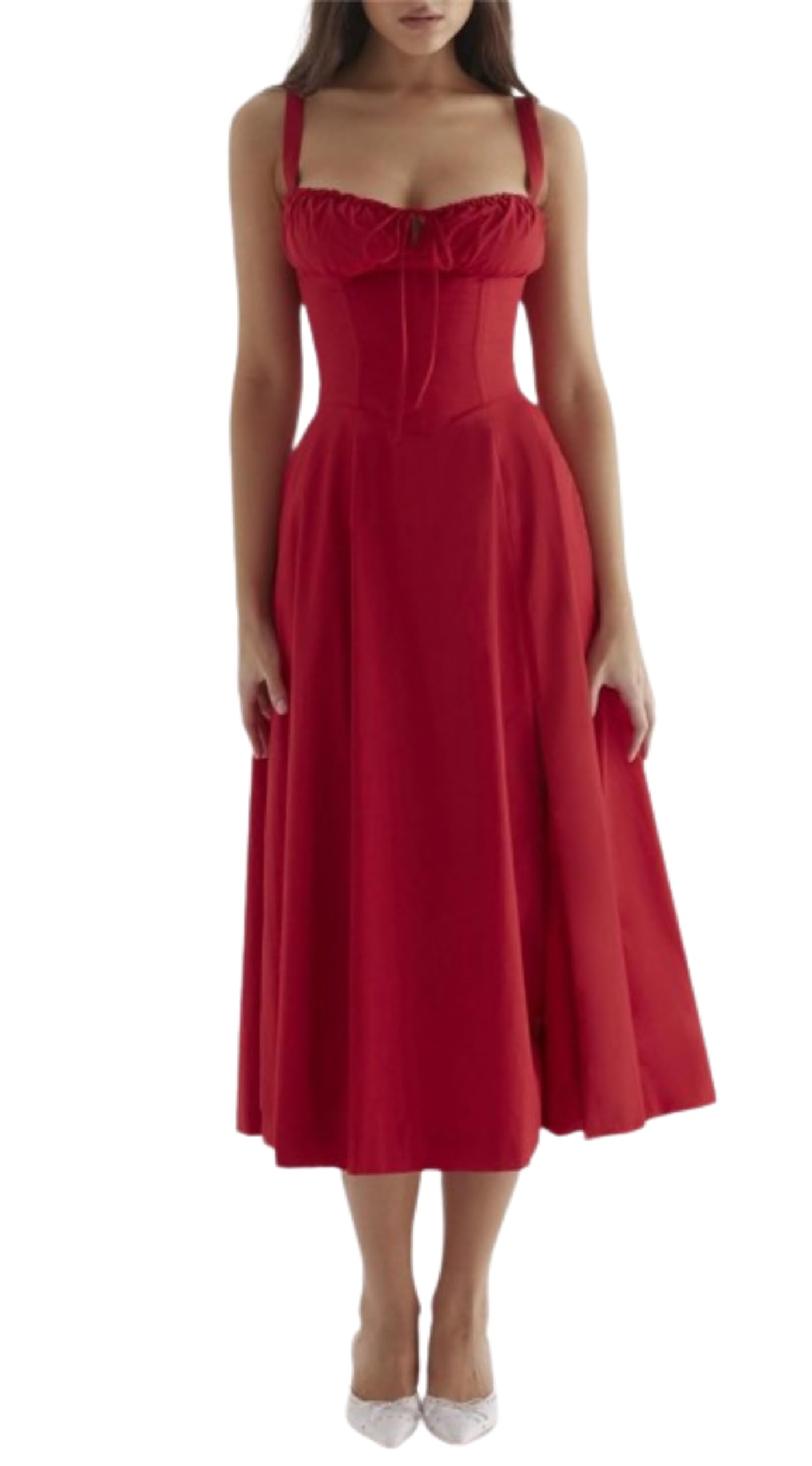 Elegant A-Line Midi Dress with Ruched Detail & Spaghetti Straps - Women's Corset Sundress for Summer Vacation | Perfect for Beach Outings, Date Nights & Casual Wear