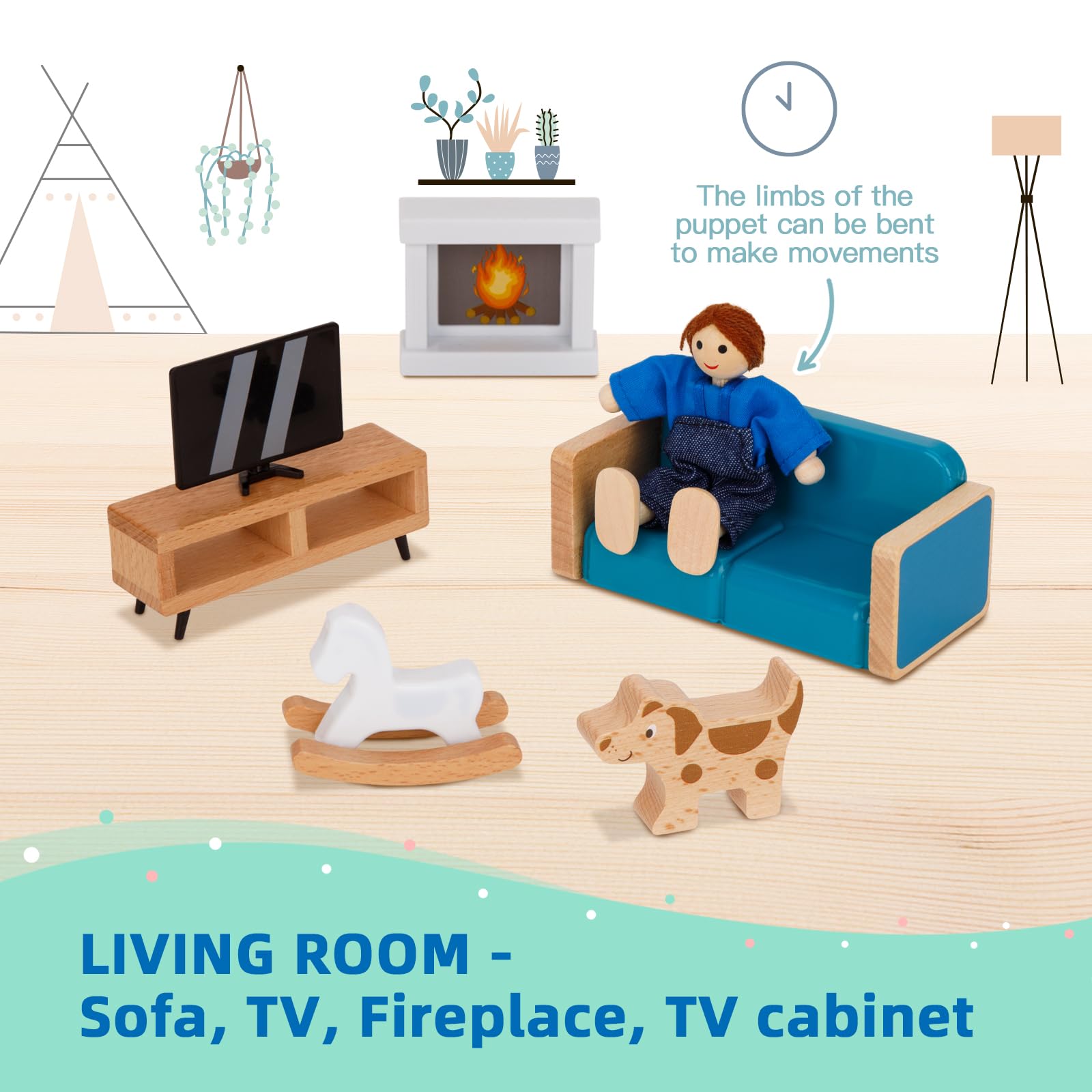 Wooden Dollhouse for Kids with Luxury Furniture Set - Includes 4 Family Dolls & Pet Dog - Perfect for Girls & Toddlers Pretend Play, Birthday Gifts & Home Decor