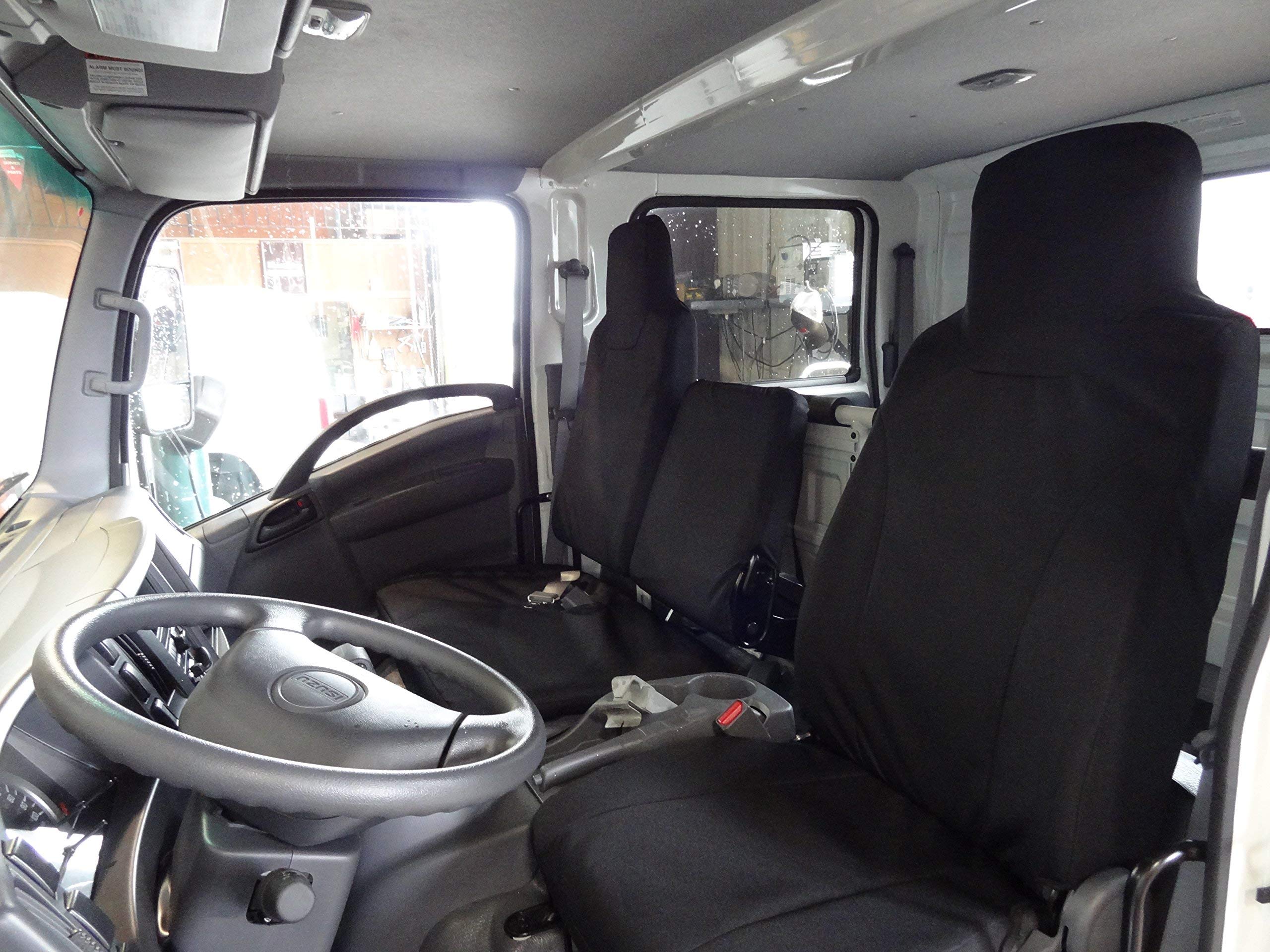 Heavy-Duty Durafit Custom Seat Covers for 2006-2021 Isuzu NPR - Exact Fit 40/60 Split Bench Front Seat (Dark Gray Twill I2280-D8) | Truck Accessories for Work & Daily Driving