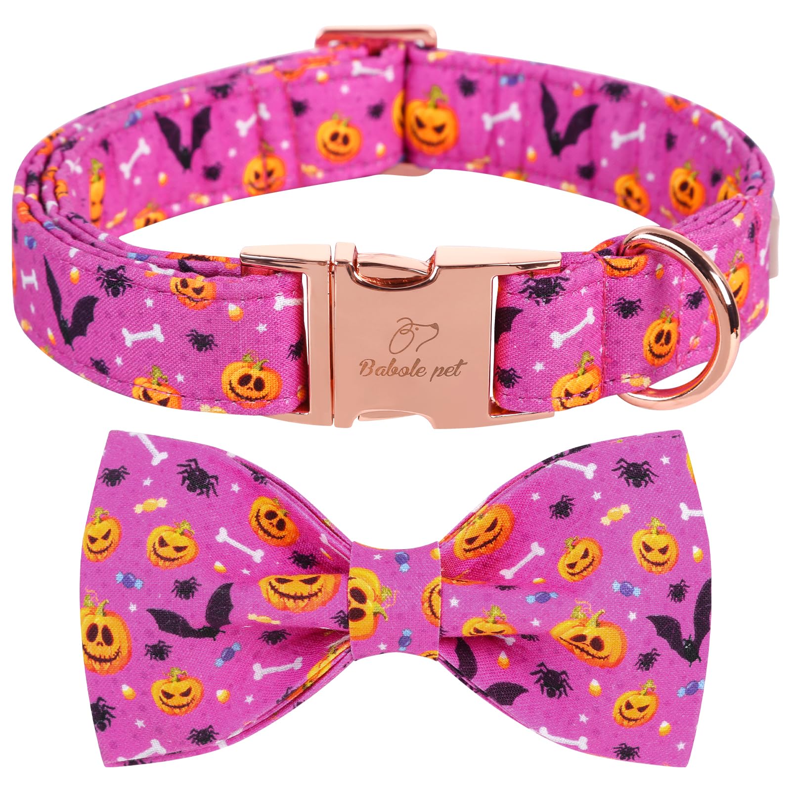 Halloween Dog Collar - Purple Pumpkin Bat Pattern Bow Tie Collar with Metal Buckle, Adjustable 16-26 Inch for Large Dogs | Perfect for Halloween Costumes & Pet Parties