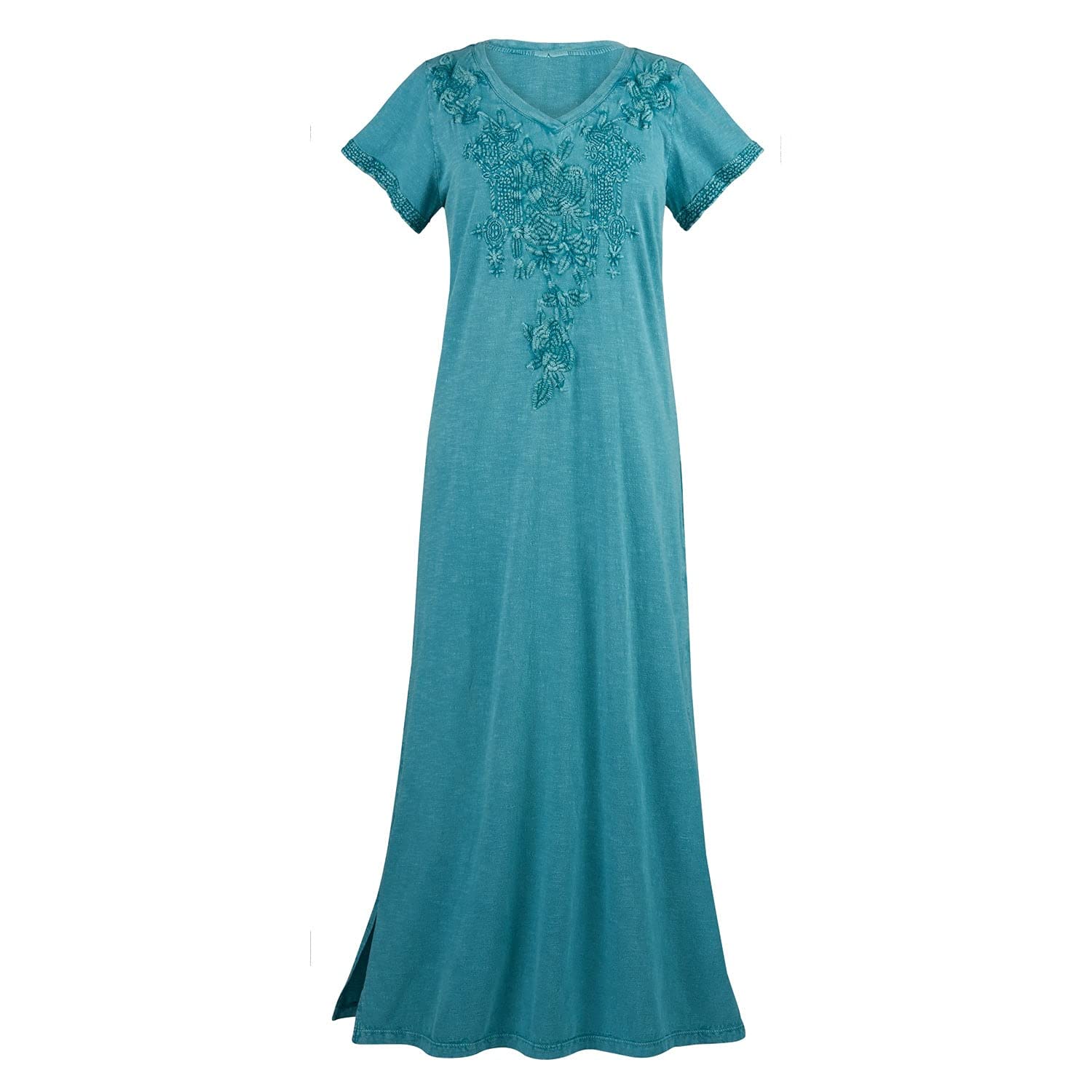 Caite Women's Embroidered Maxi Dress - Long Floral T-Shirt Dress for Summer, Beach & Casual Wear | Tone-on-Tone Floral Design | Plus Size Options Available