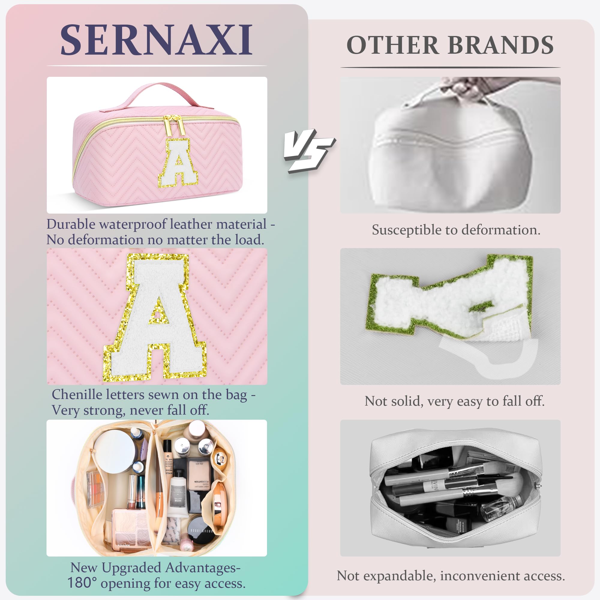 Personalized Initial Pink Makeup Bag - Large Capacity Waterproof Leather Cosmetic Organizer for Women & Teens | Perfect Travel Toiletry Bag, Birthday Gift for Girlfriend, Teacher | Great for Daily Use, Vacation Trips & Makeup Storage
