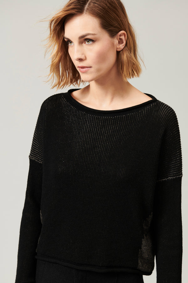 Black Ribbed Boat Neck Sweater for Women - Cozy & Stylish Pullover for Fall & Winter Outfits