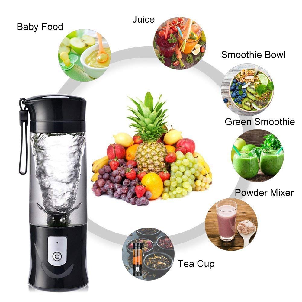 Portable USB Blender - Toycol Mini Personal Smoothie Blender for Shakes & Juices, 13.5Oz Travel Juicer Cup with 6 Stainless Steel Blades, Rechargeable Bottle Blender for Gym, Office & Outdoor (Black) - Perfect for Smoothies, Protein Shakes & Healthy Drinks On-The-Go