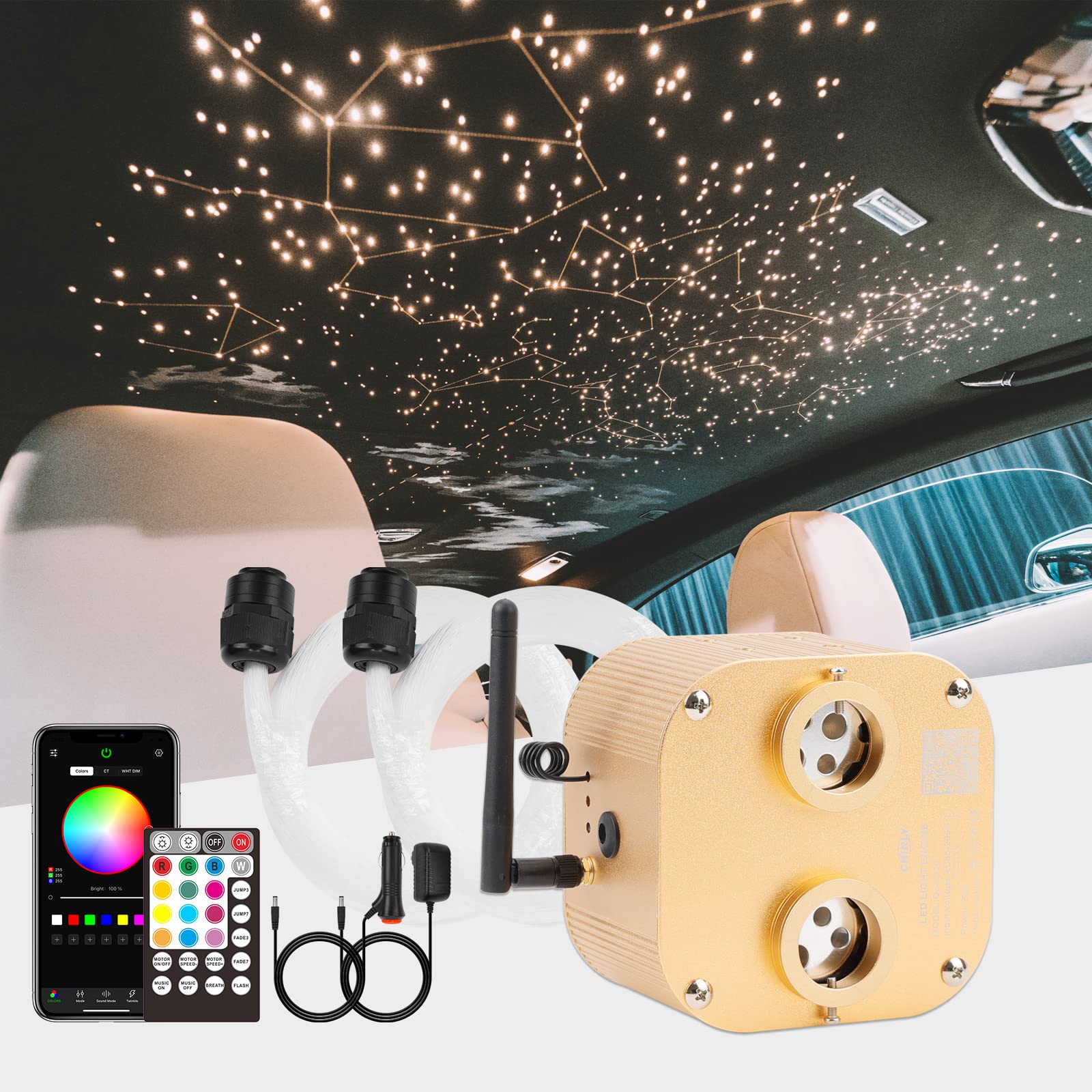 CHINLY Starlight Headliner Kit - 20W 670pcs Fiber Optic Lights with Bluetooth APP Control, RGBW Star Ceiling Lights for Bedroom, Theater & Home Decor (13.1ft, 0.03in/0.04in/0.06in Fiber Sizes) | Create Starlit Ambiance for Romantic Nights, Home Theater & Kids' Rooms