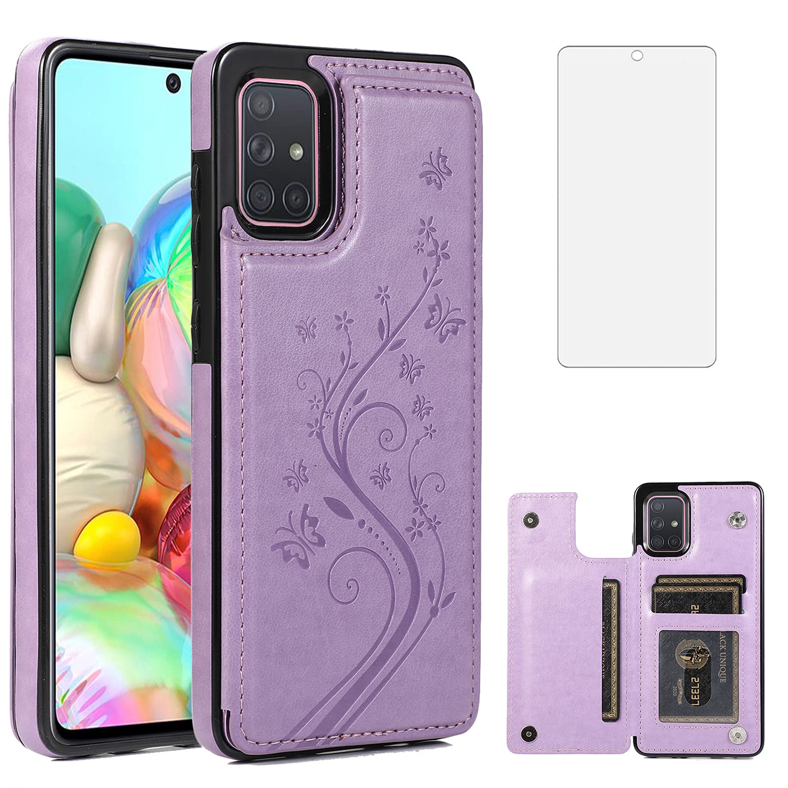 Samsung Galaxy A51 5G Phone Case with Tempered Glass Screen Protector & Card Holder - Wallet Flip Leather Cover with Stand for Verizon A51 5G UW (Women's Purple) | Perfect for Daily Use, Travel & Work Accessories