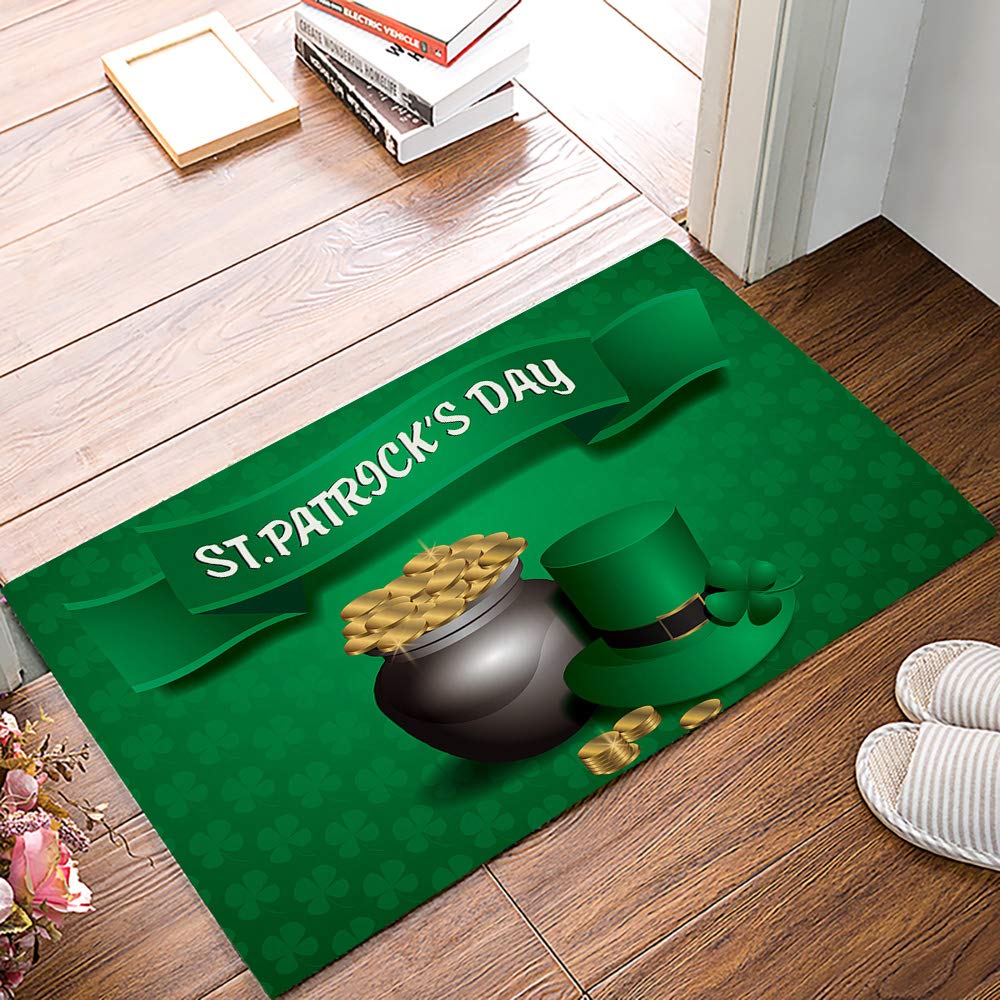 St. Patrick's Day Shamrock Coin Design Non-Slip Doormat - Personalized Welcome Entrance Mat for Home, Bathroom & Kitchen Decor - 16x24 Inch Low Profile Floor Rug - Perfect for Irish Themed Parties & Front Door Decorations