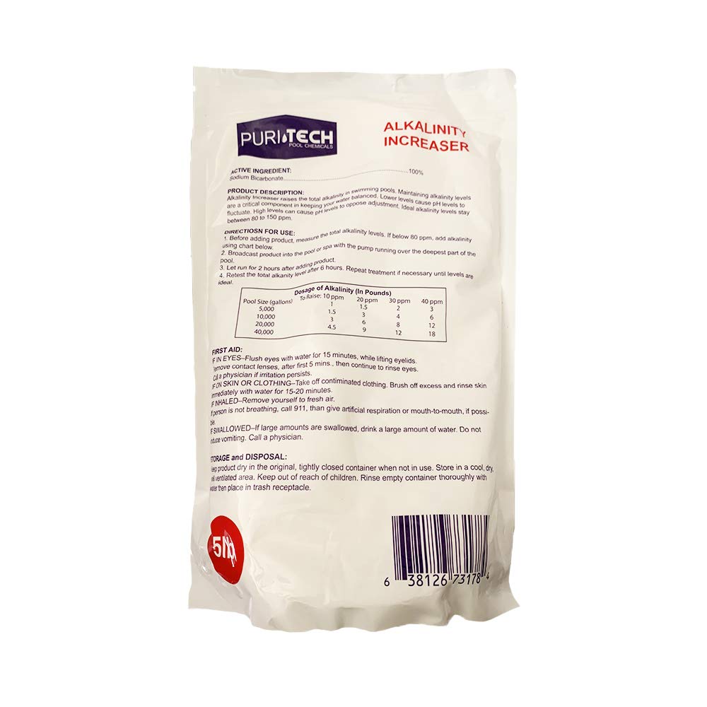 **Puri Tech 5 lb Total Alkalinity Increaser for Swimming Pools – Prevents Cloudy Water & Scaling – Ideal for Pool Maintenance & Water Balance**    (场景: **Perfect for maintaining crystal-clear pool water, balancing pH levels, and protecting pool equipment from scale buildup.**)
