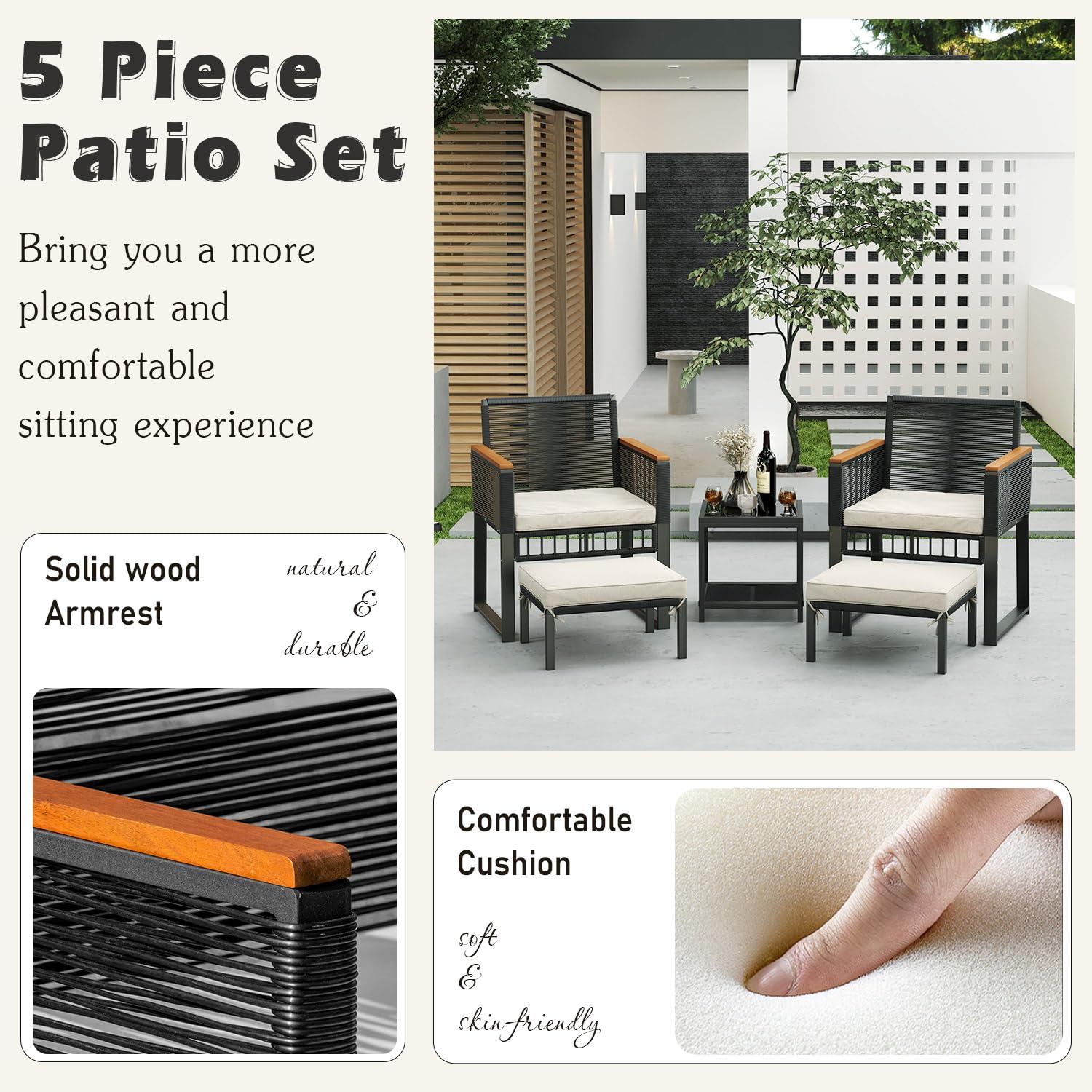 5-Piece Outdoor Patio Furniture Set with Wicker Chairs, Coffee Table & Ottoman - Durable Rattan Conversation Set for Porch, Balcony, Backyard, Poolside Relaxation | Perfect for Outdoor Entertaining & Lounging