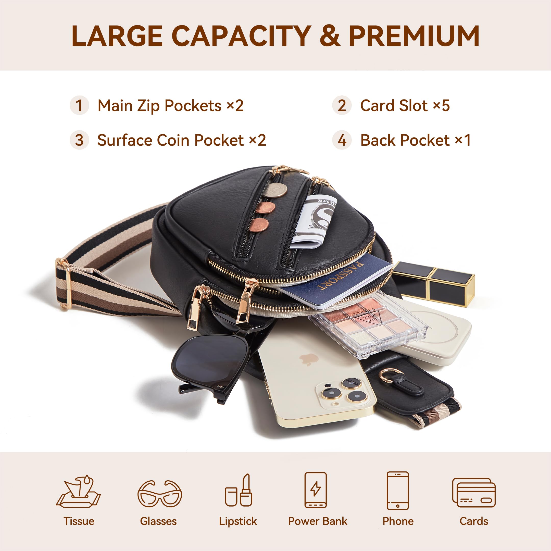 Women's Crossbody Sling Bag - Lightweight Fanny Pack for Travel, Gym & Daily Use - Hands-Free Purse for Running, Hiking & Shopping