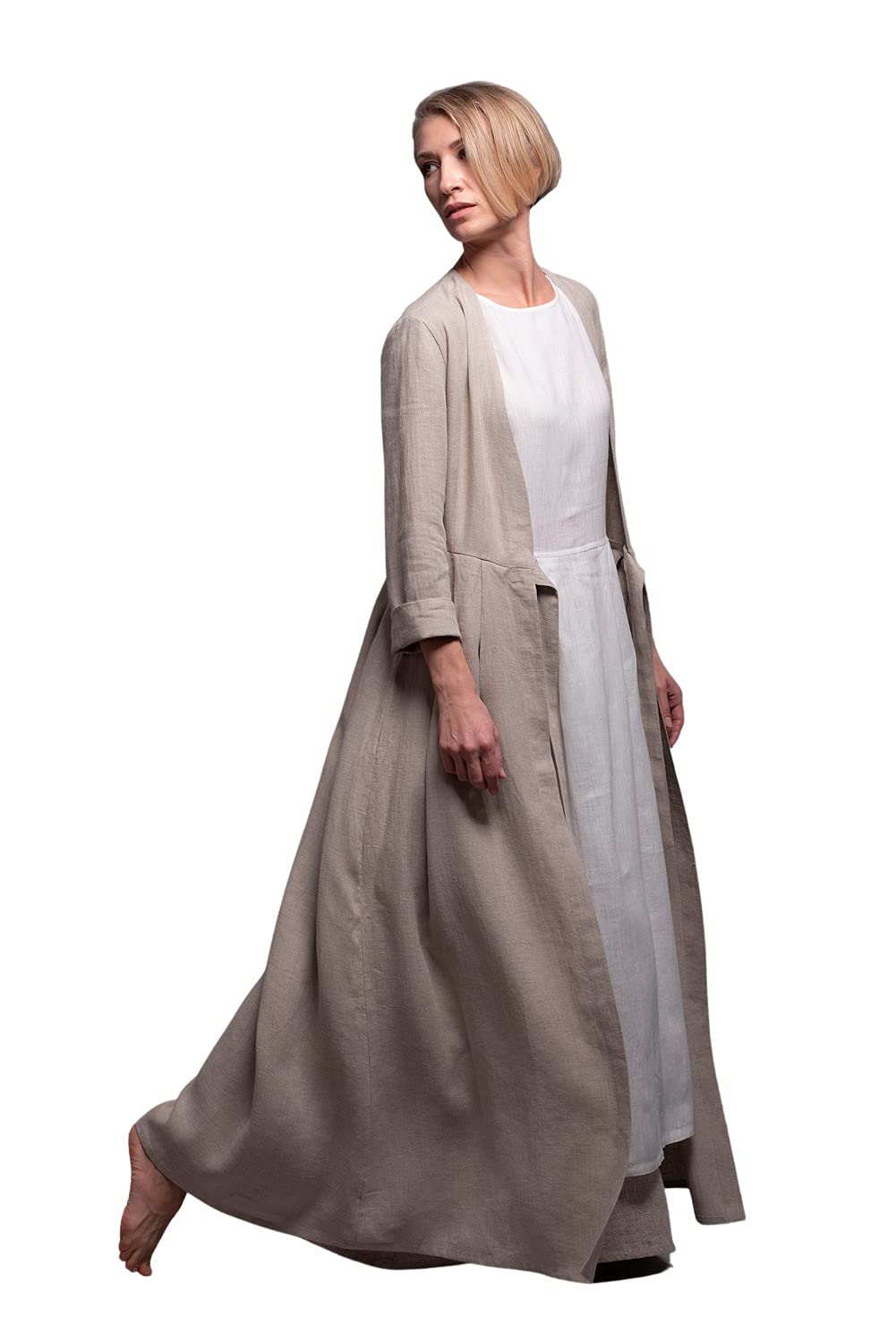 HANK Women's Maxi Linen Coat Dress with Long Sleeves, Belt & Pockets - Custom Made in 31 Colors - Elegant Office Wear & Spring Outerwear