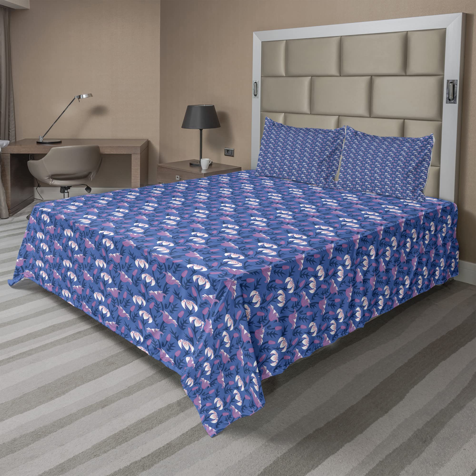 Ambesonne Floral Sheet Set - Tulip Buds Lilies Flowers Arrangement King Size 4-Piece Bedding Set with Fitted Sheet, Flat Sheet & Pillowcases in Lavender Azure Blue | Perfect for Master Bedroom, Guest Room & Home Decor