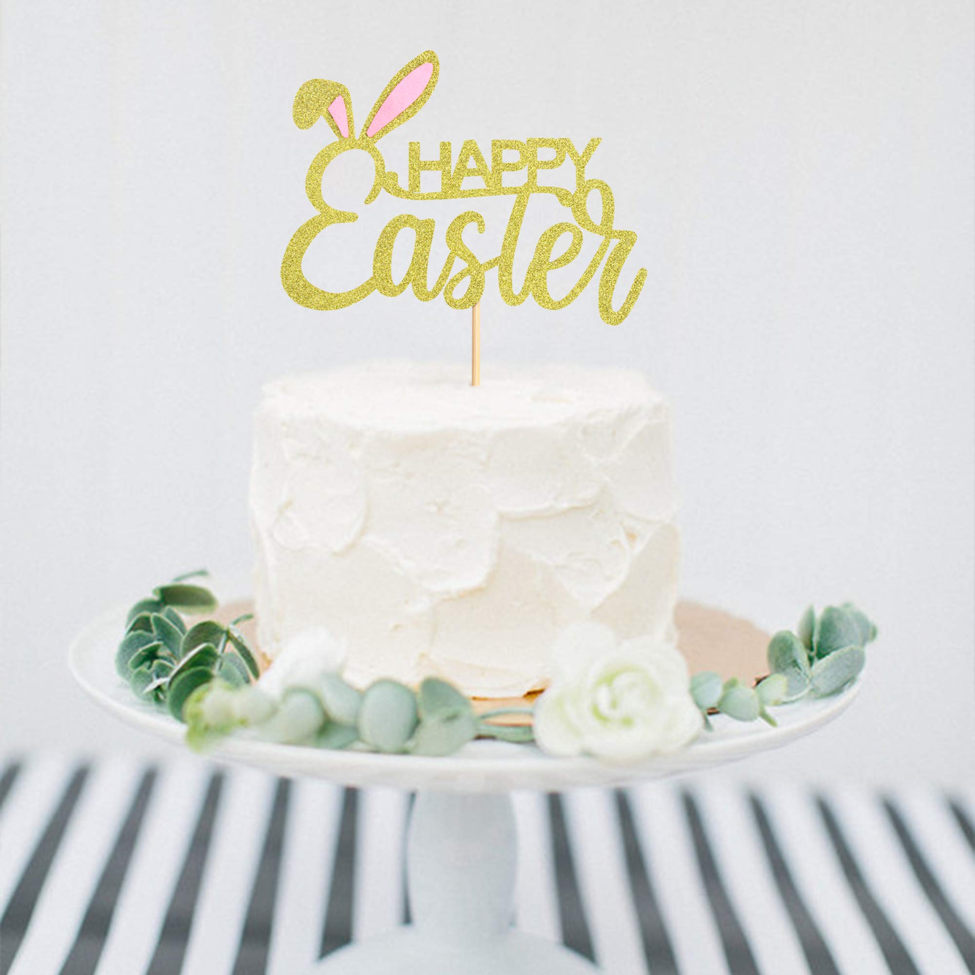 Happy Easter Cake Topper - 1 Pack Bunny Ear Gold Glitter Cake Picks for Easter Theme Party Decorations | Perfect for Easter Cakes, Cupcakes, Desserts & Holiday Celebrations