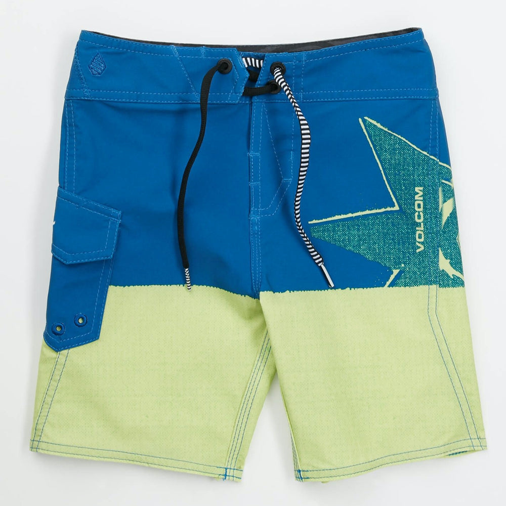 Volcom Lido Block Mod Boardshorts - Quick-Dry Swim Trunks for Men, Blue & Yellow Stripe Design - Perfect for Beach, Pool, Surfing & Summer Activities