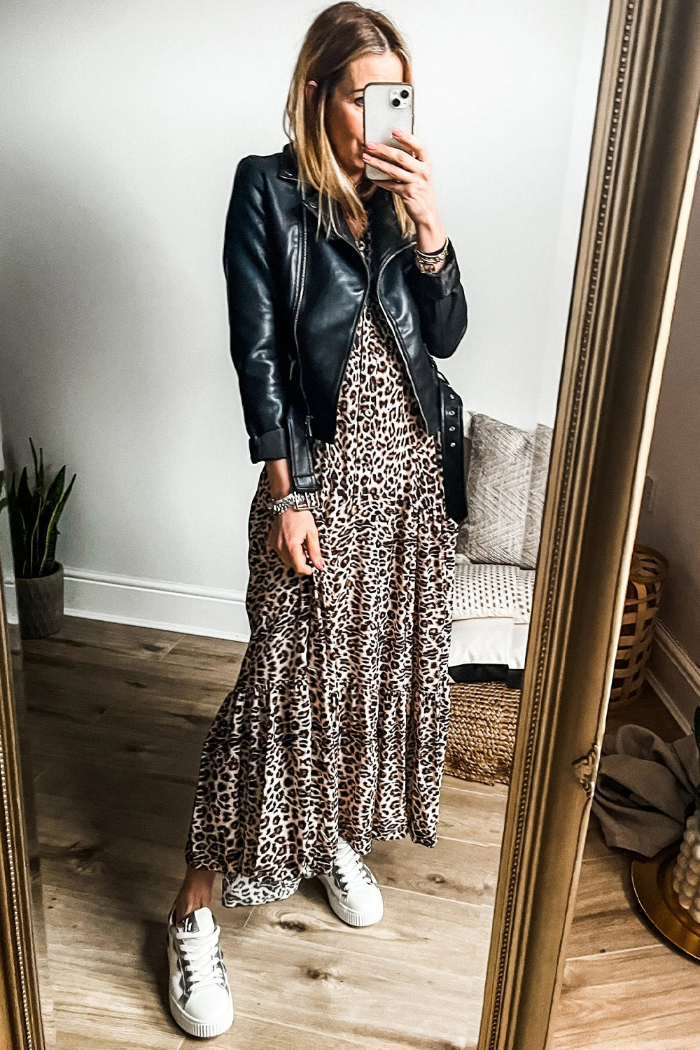 Leopard Print Notched Neck Long Sleeve Maxi Dress for Women | Beach Resort Wear & Summer Vacation Outfit