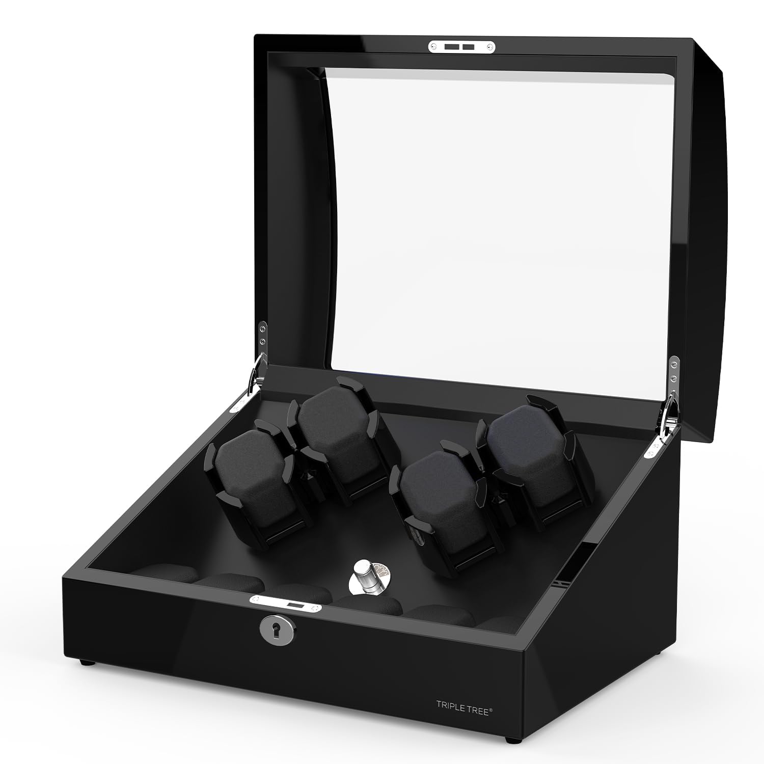 Premium TRIPLE TREE Automatic Watch Winder for 4 Watches - 6 Extra Storage Slots, Elegant Wooden Piano Finish, Ultra-Quiet Motor & Adjustable Watch Pillows | Perfect for Watch Collectors, Travel & Nightstand Display