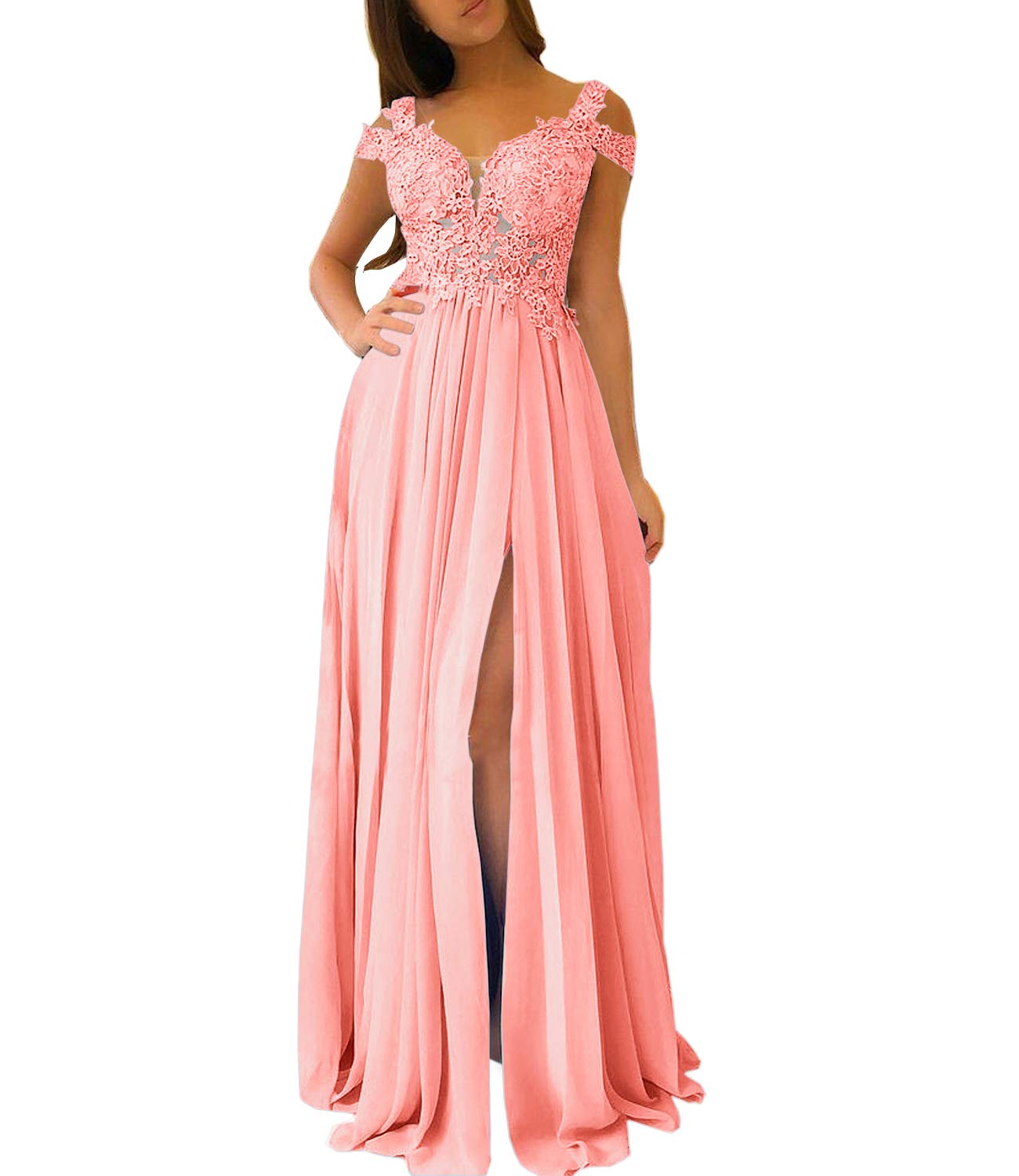 Elegant Women's Lace Appliqued Evening Gowns with Side Split - A-line Long Prom Dresses for Formal Events, Weddings & Special Occasions