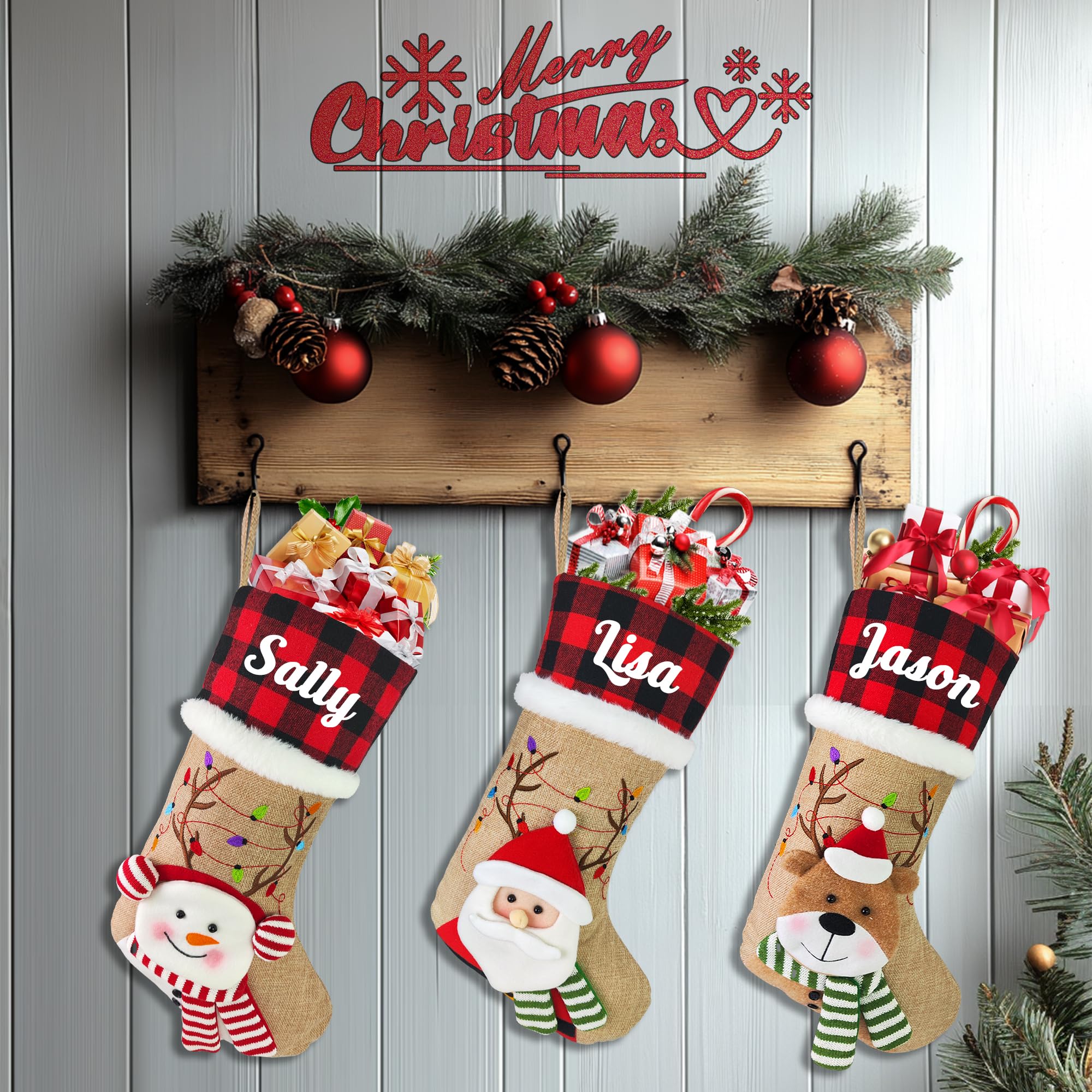 Personalized Christmas Stockings with Name - Custom Holiday Stockings for Fireplace & Tree Decor - Burlap Plaid Xmas Party Gifts for Family & Kids (3D Reindeer Design) - Perfect for Christmas Eve, Family Gatherings & Festive Home Decor