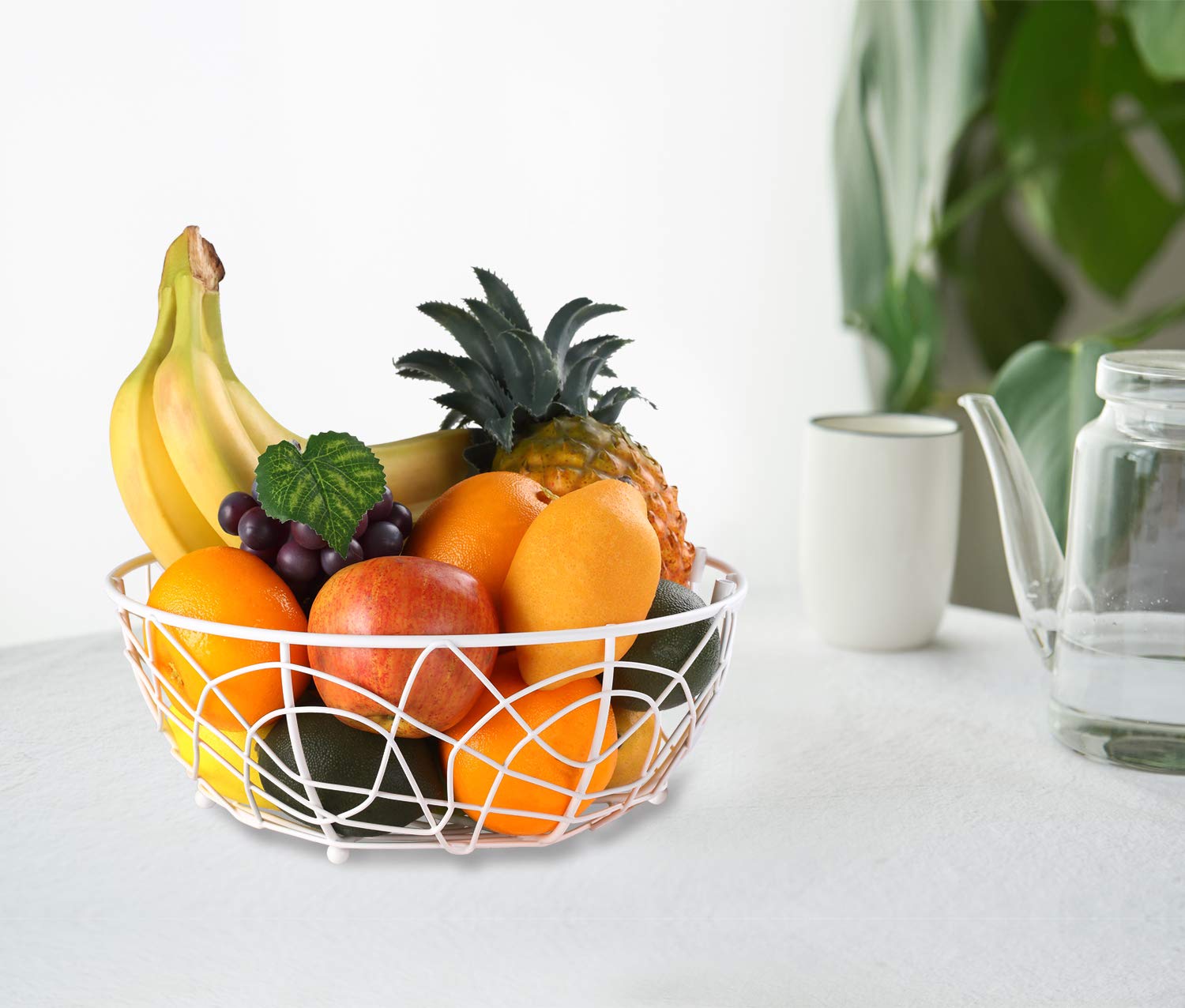 Modern White Fruit Basket Bowl with Banana Hanger - Elegant Bird Design Kitchen Countertop Organizer - Decorative Display Stand for Dining Room & Home Decor - Perfect for Fresh Fruit Storage & Tabletop Arrangement